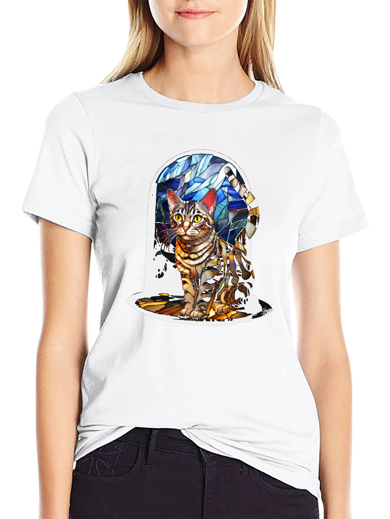 Black Stained Glass Cat T-Shirt - Artistic Feline Tee view 9