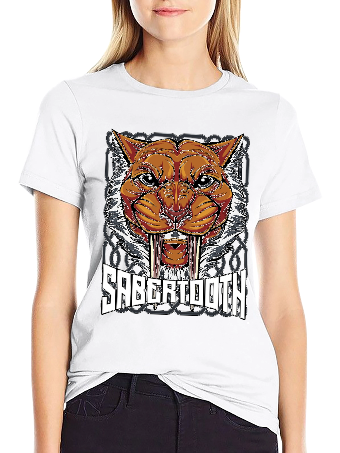 Black Sabertooth Tiger Graphic Print T-Shirt view 9