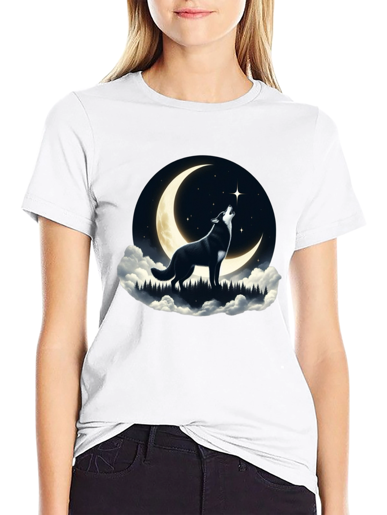 Black Wolf Howling at Moon Graphic Tee - Black view 9