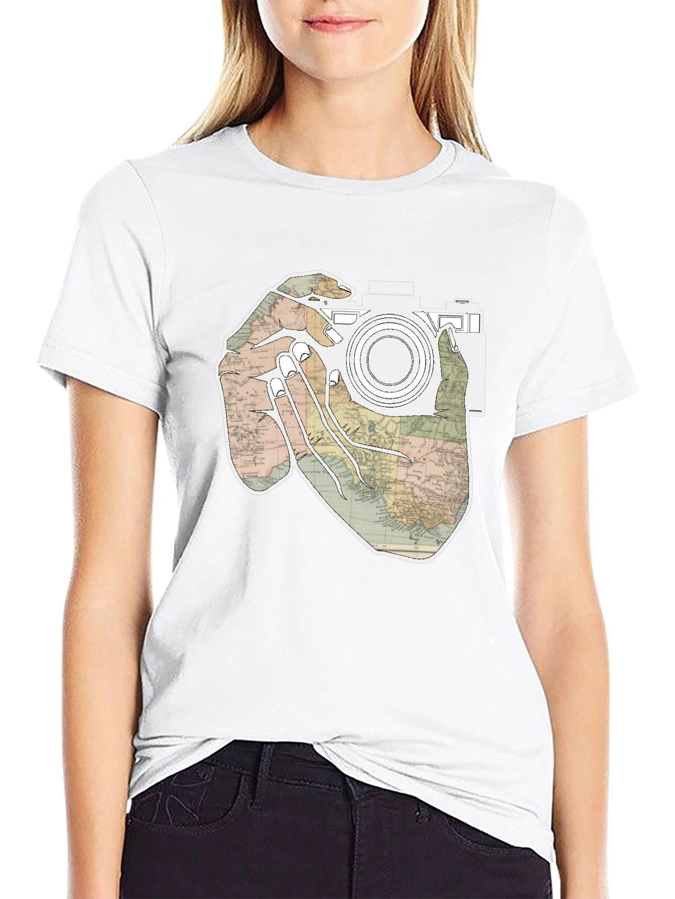 Black World Map Camera T-Shirt view 9