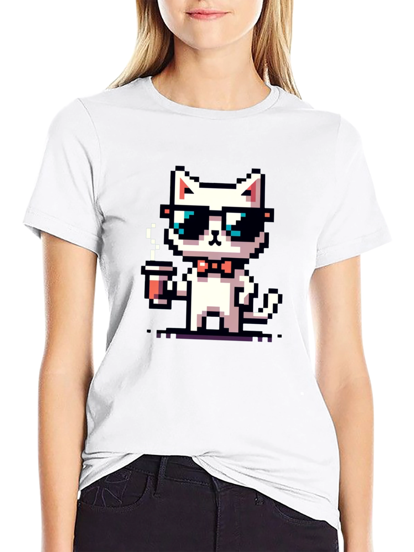 Black Cool Pixel Cat Coffee T-Shirt view 9