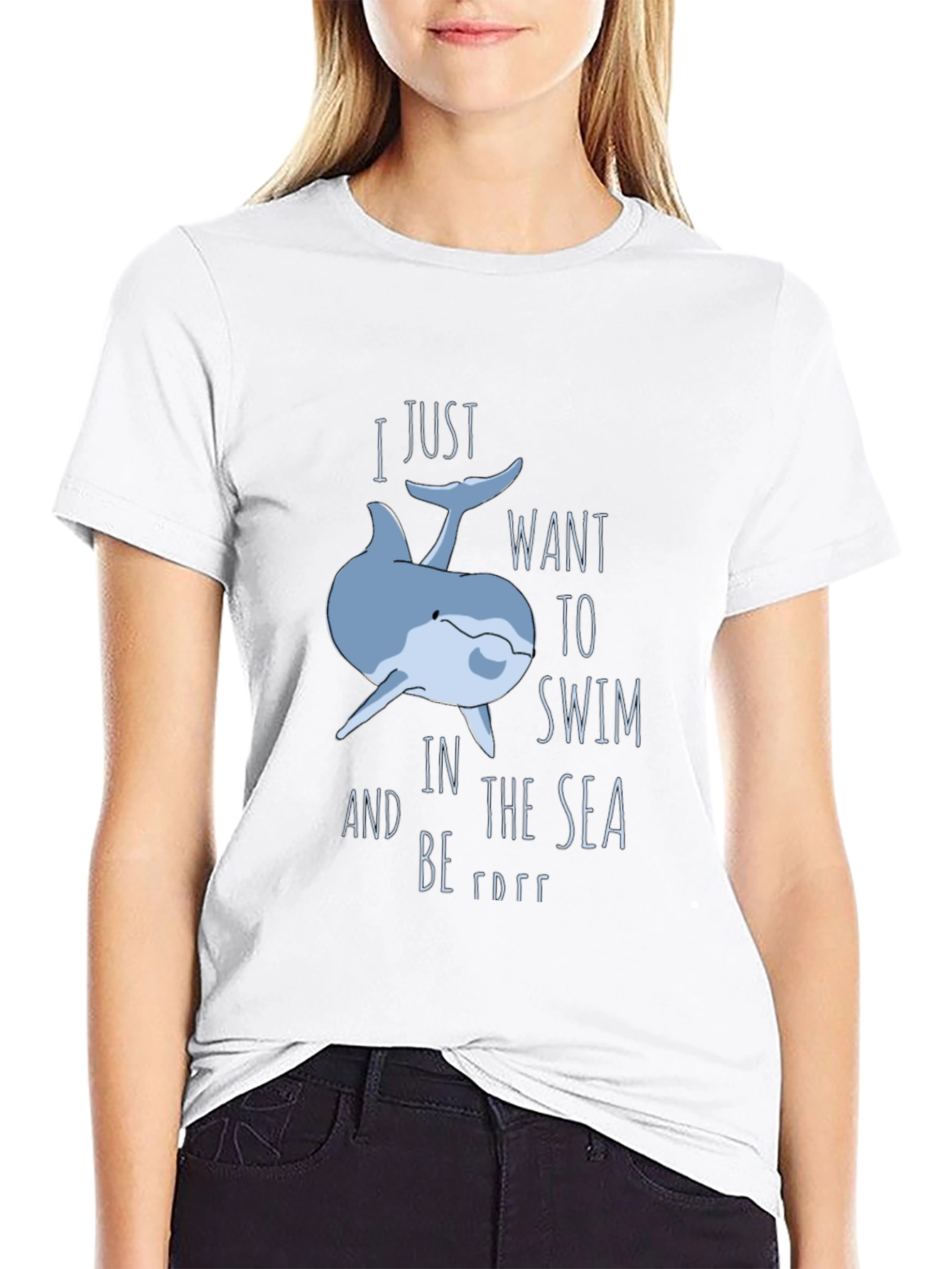 Black Whimsical Dolphin T-Shirt: Swim Free view 9
