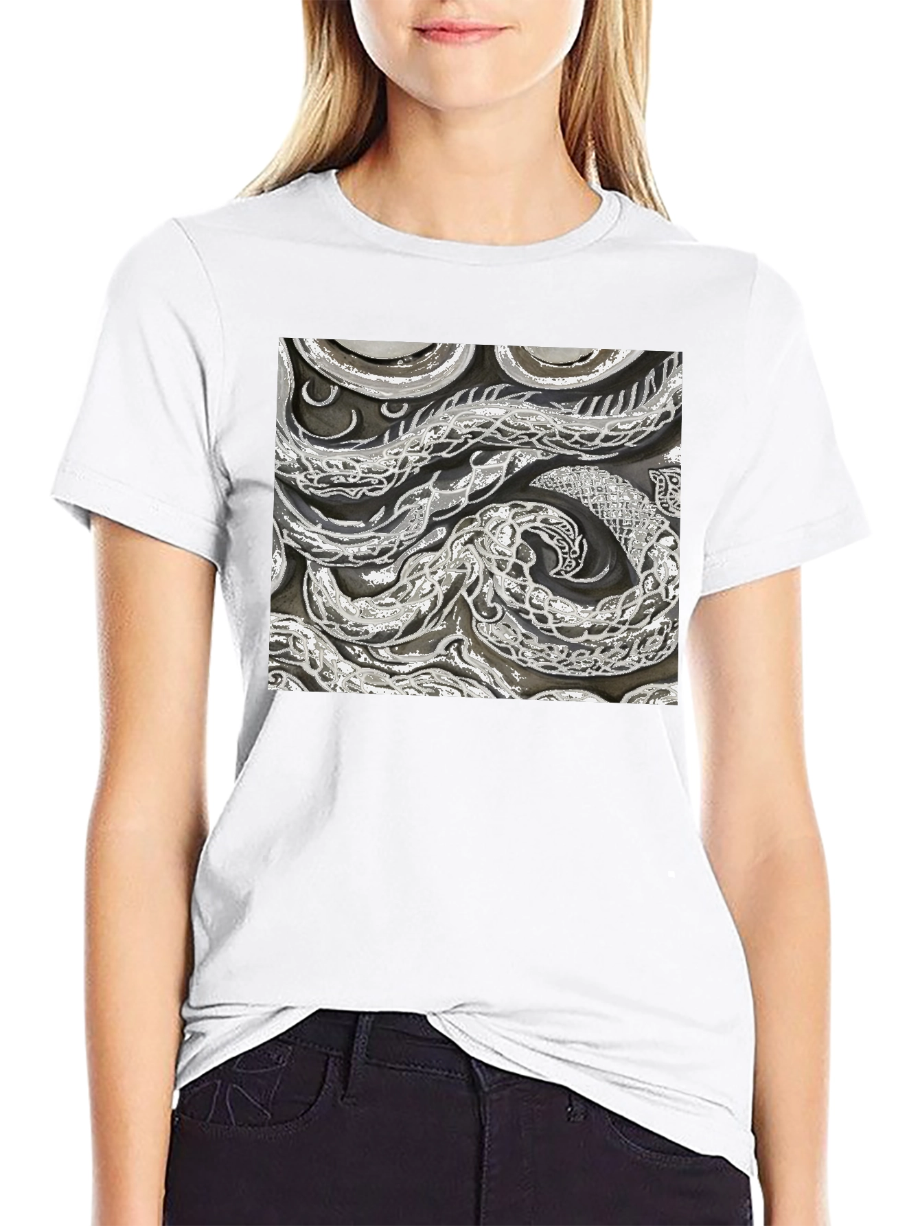 Black Abstract Snake Print Black T-Shirt view 9