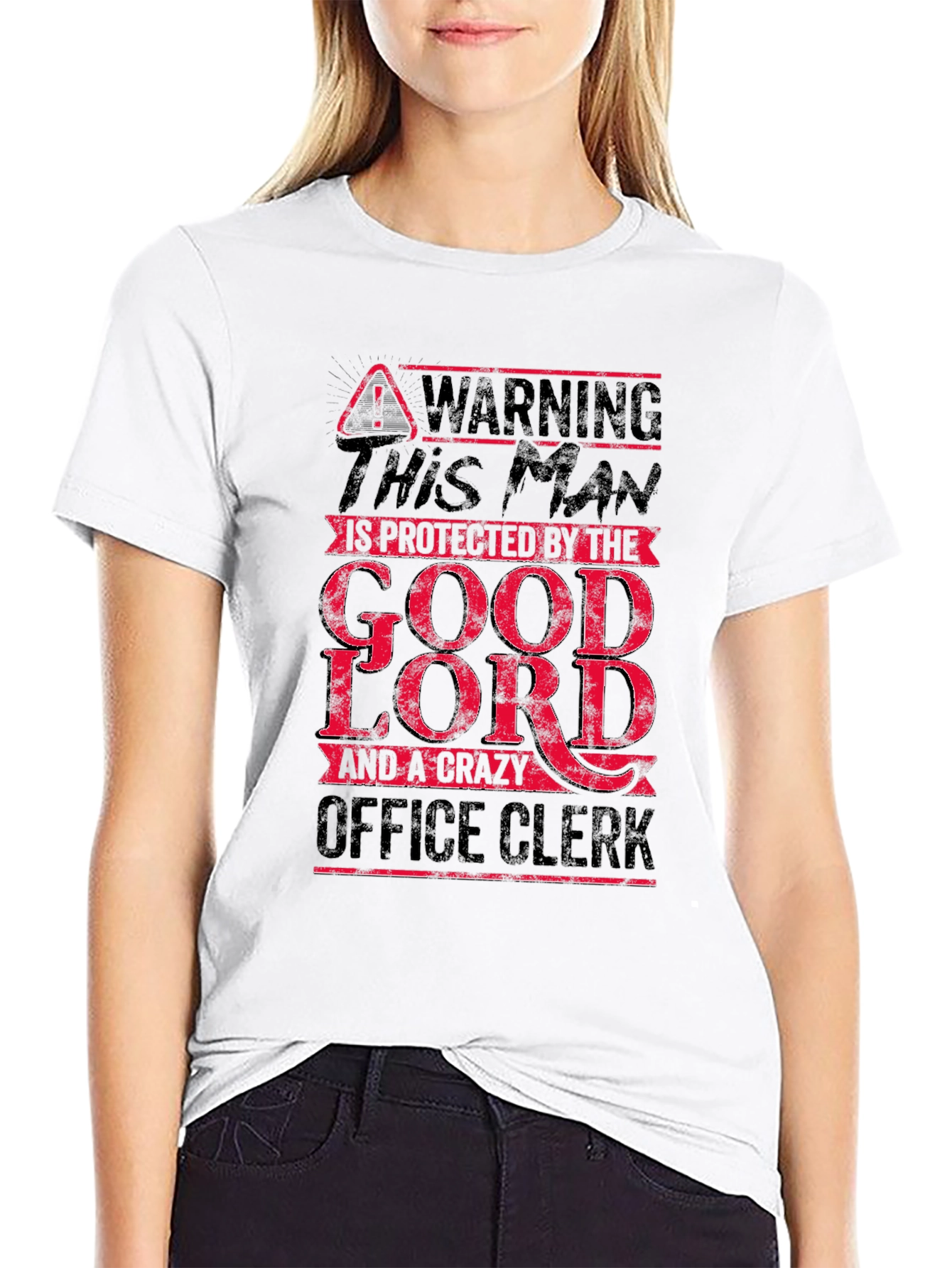 Black Warning Man Protected by God Lord & Crazy Office Clerk T-Shirt view 9