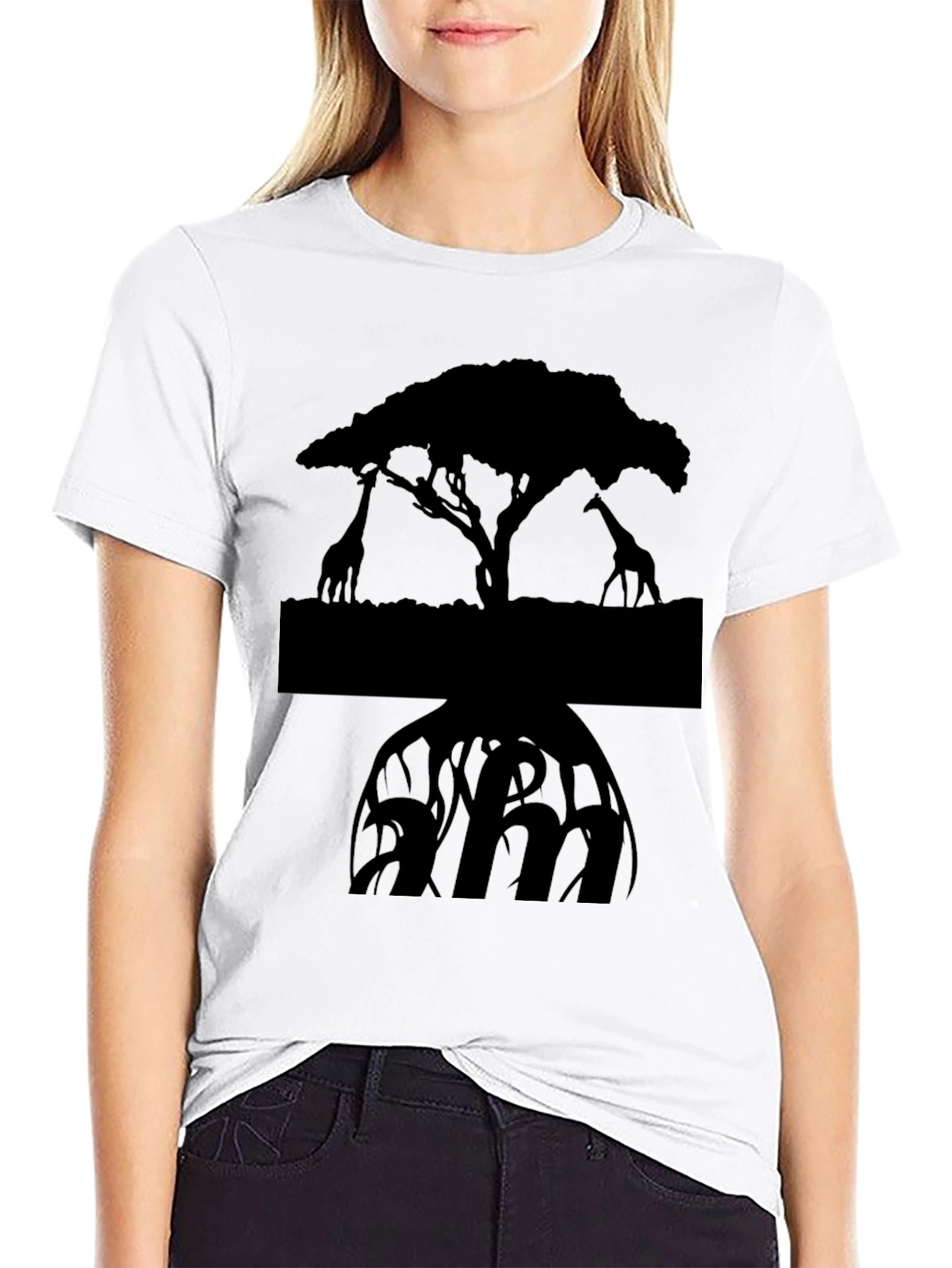 Black Silhouette Giraffe Tree Graphic Tee - Black view 9