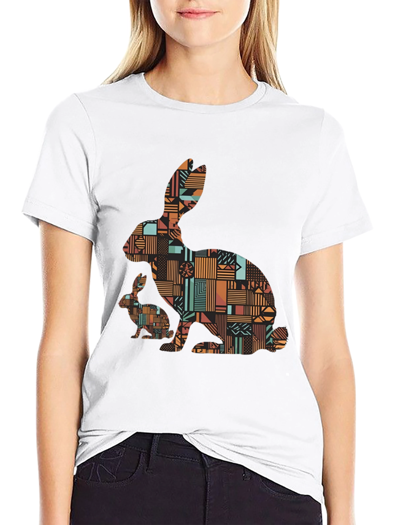 Black Geometric Rabbit Print Black T-Shirt view 9