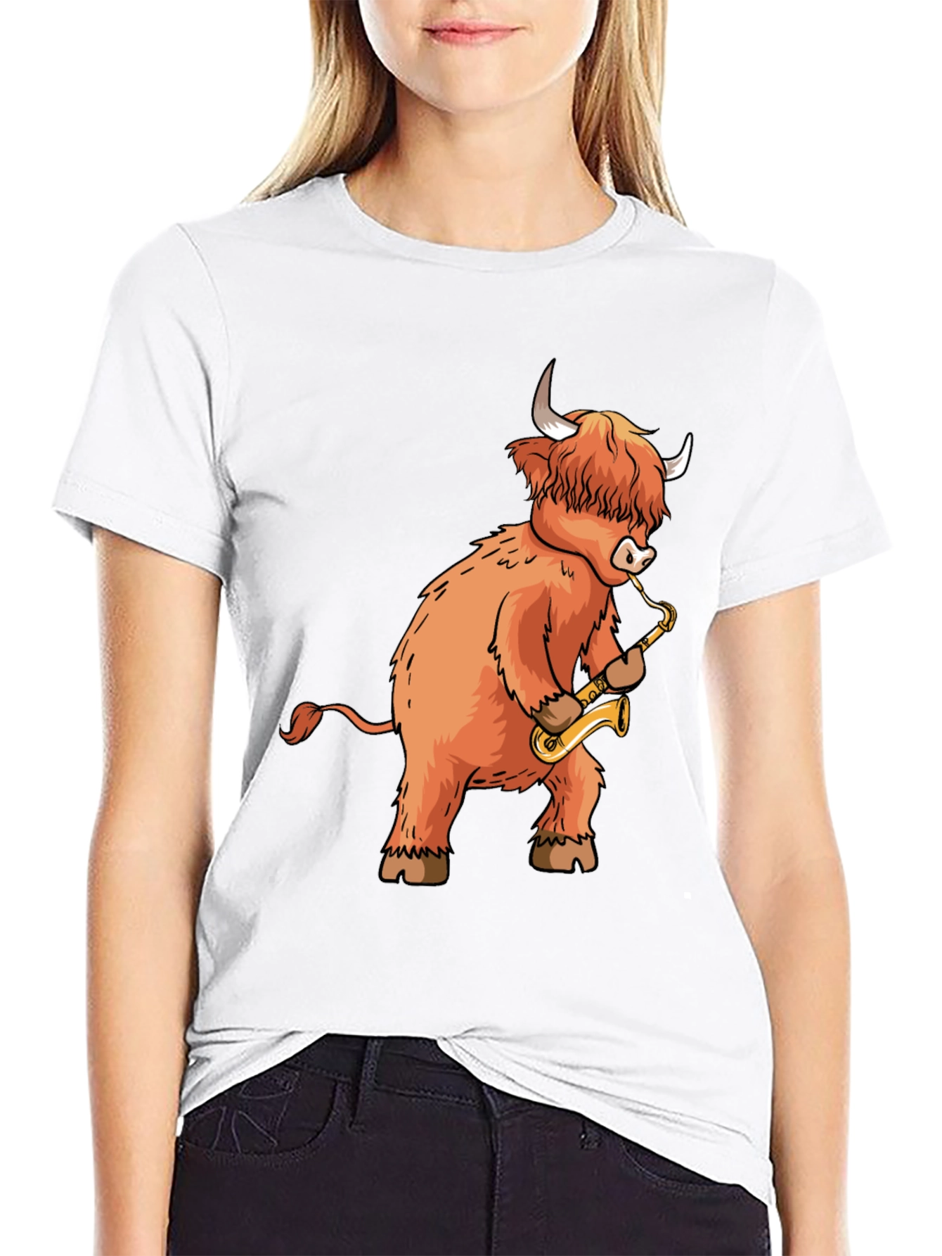 Black Highland Cow Saxophone T-Shirt - Funny Music Tee view 9