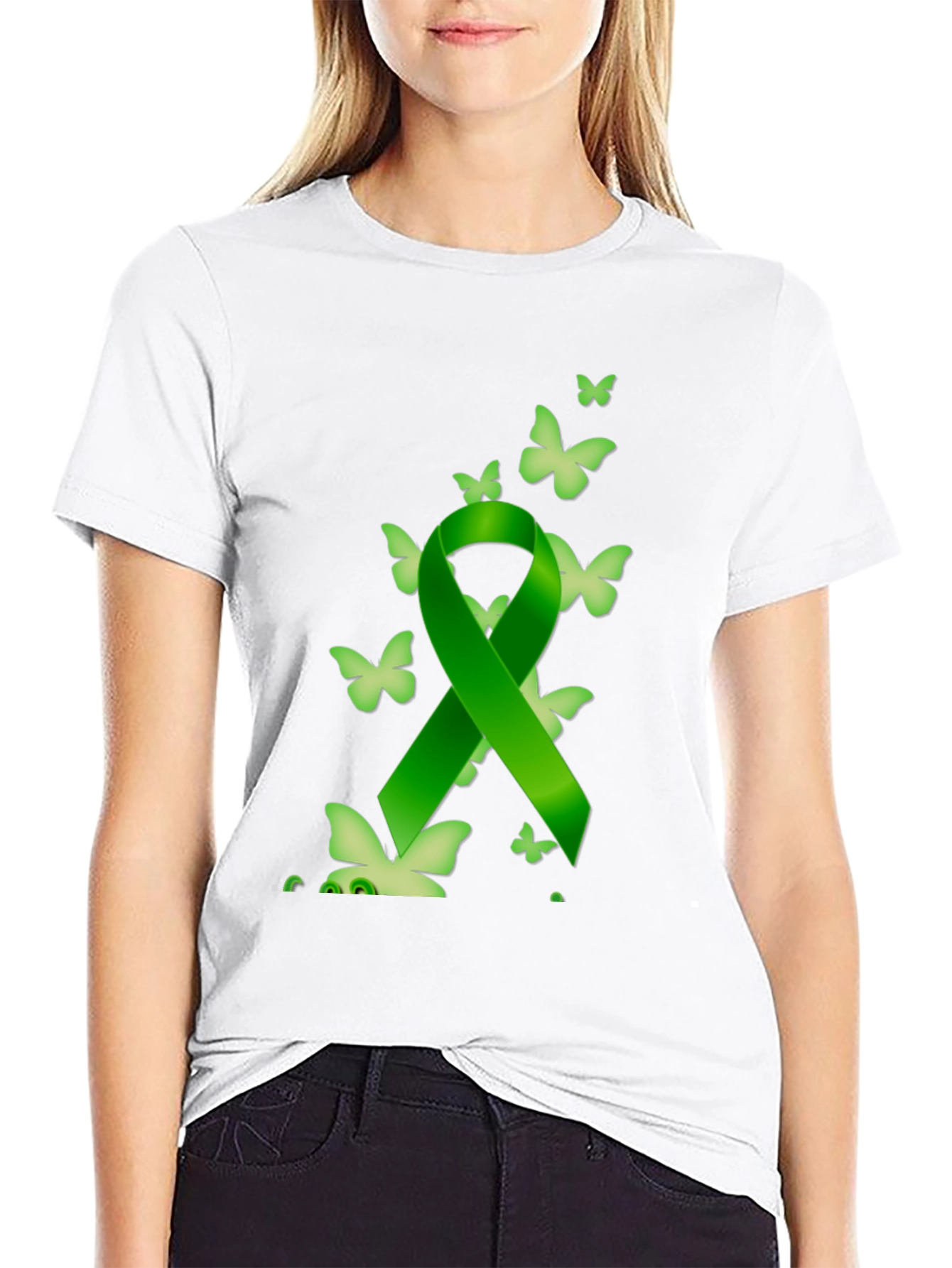 Black Green Ribbon Butterfly Black T-Shirt view 9