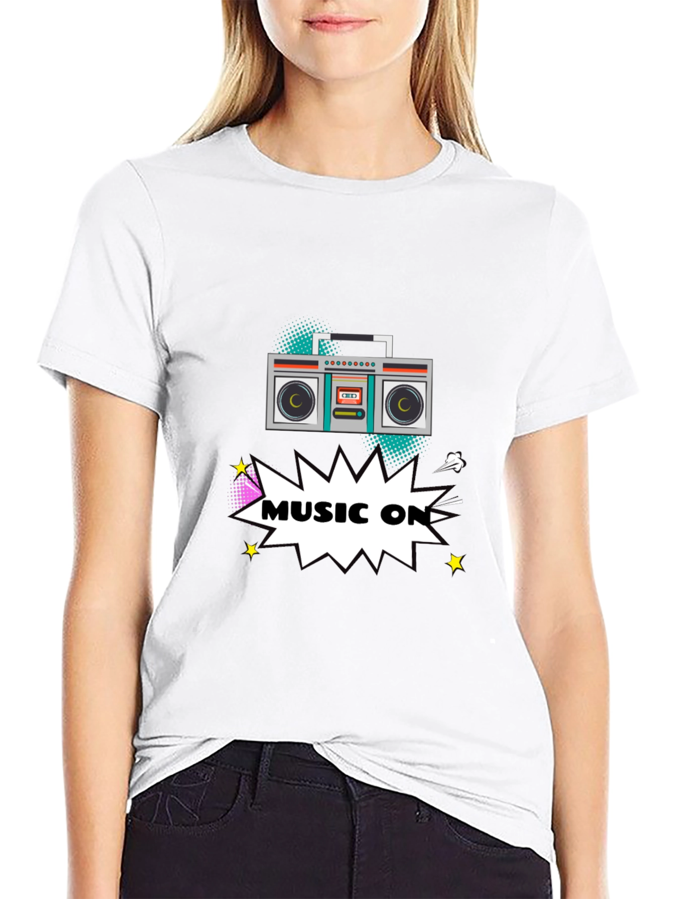 Black Retro Boombox Music On Graphic T-Shirt view 9