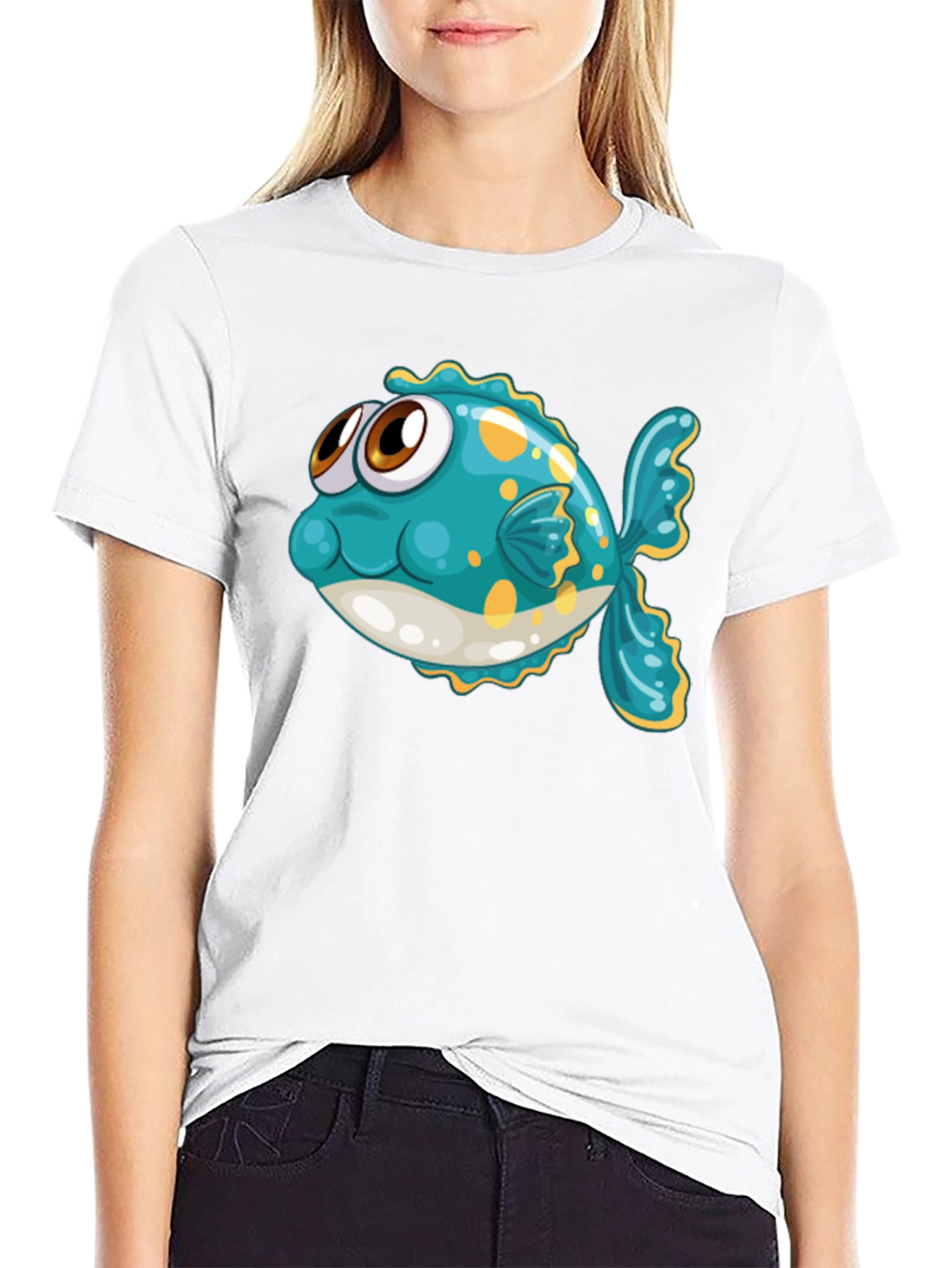 Black Cartoon Fish Graphic Tee - Black Cotton T-Shirt view 9
