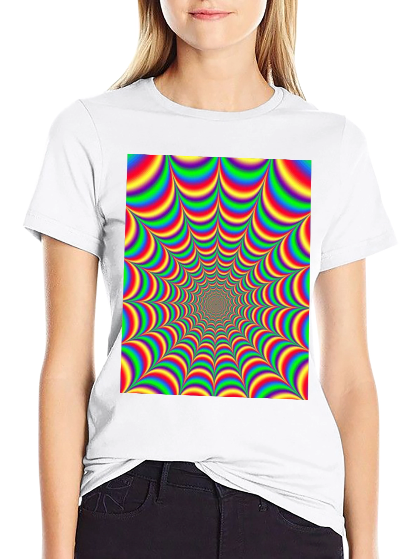 Black Optical Illusion T-Shirt - Hypnotic Rainbow Design view 9