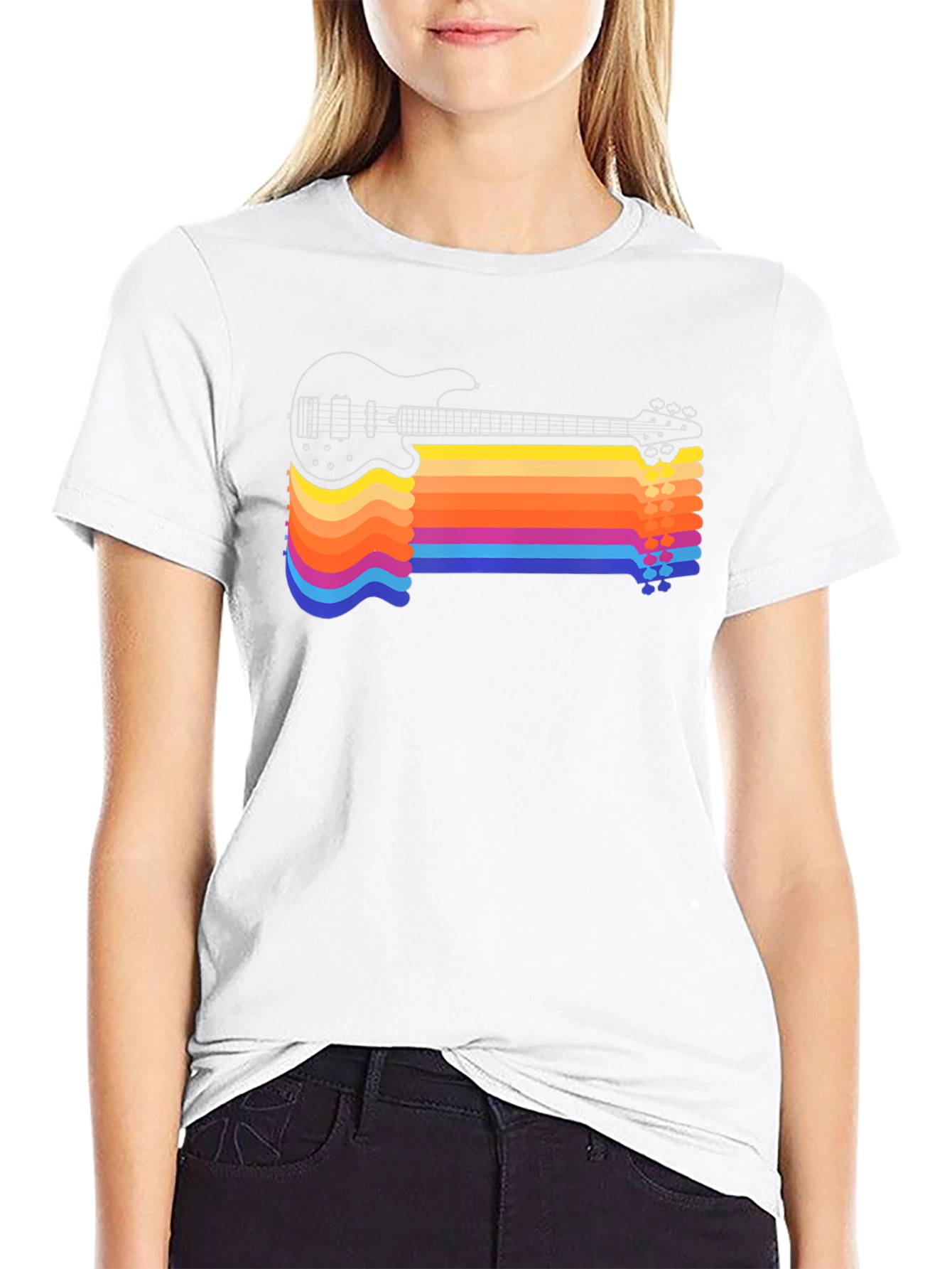 Black Retro Guitar Rainbow Stripe T-Shirt view 9