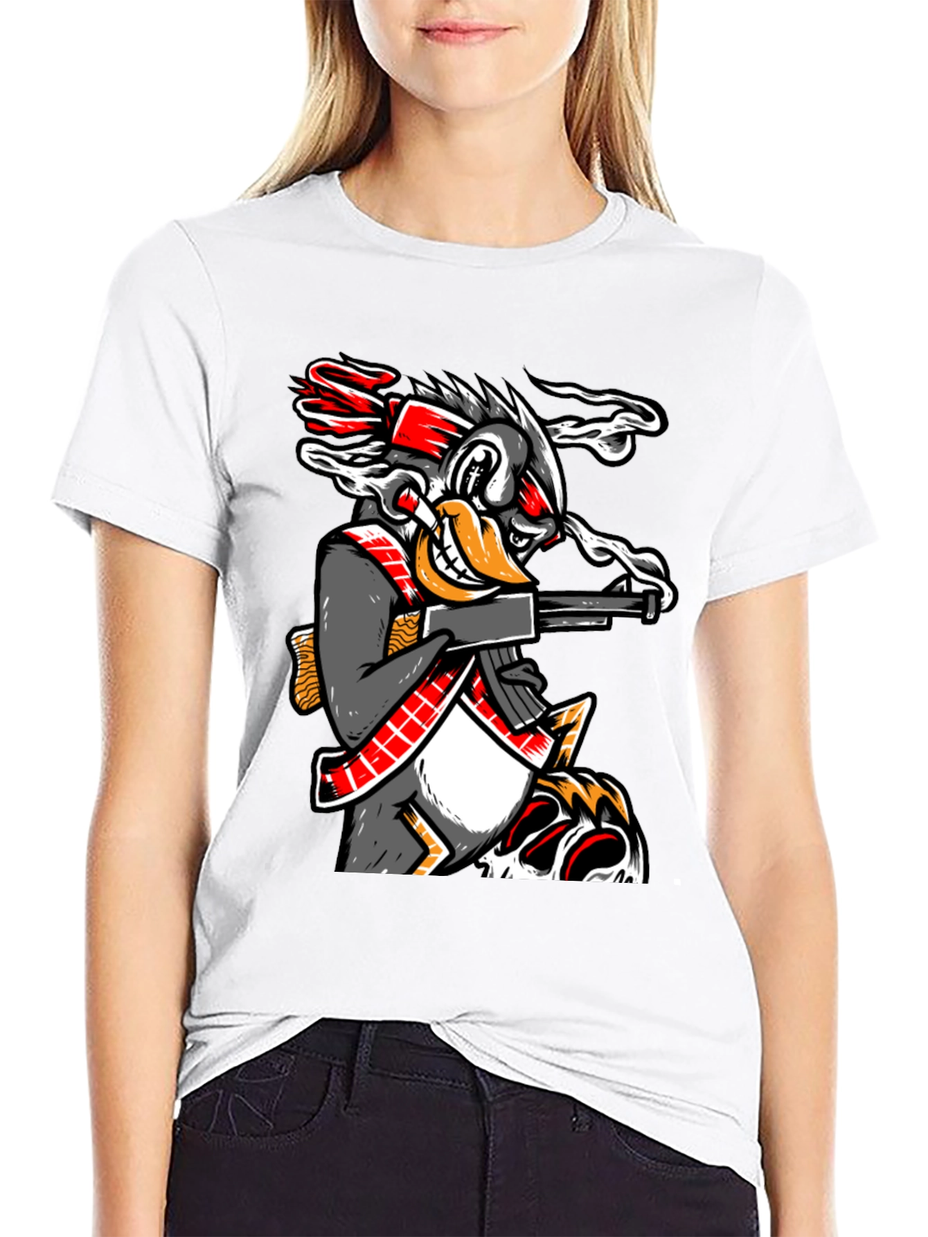Black Cartoon Duck With Gun Graphic T-Shirt view 9