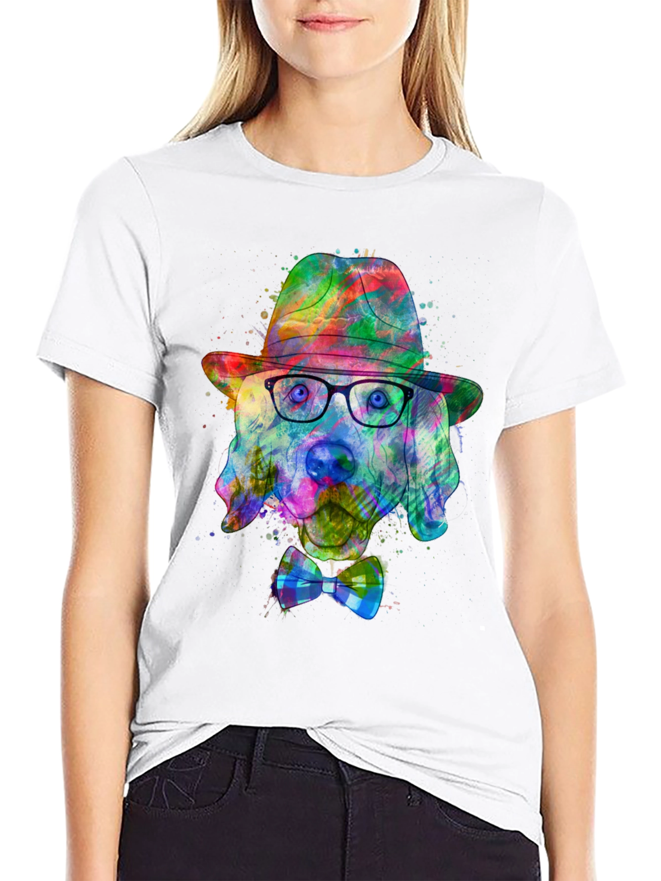 Black Dog Art T-Shirt - Watercolor Dog with Hat & Bowtie view 9