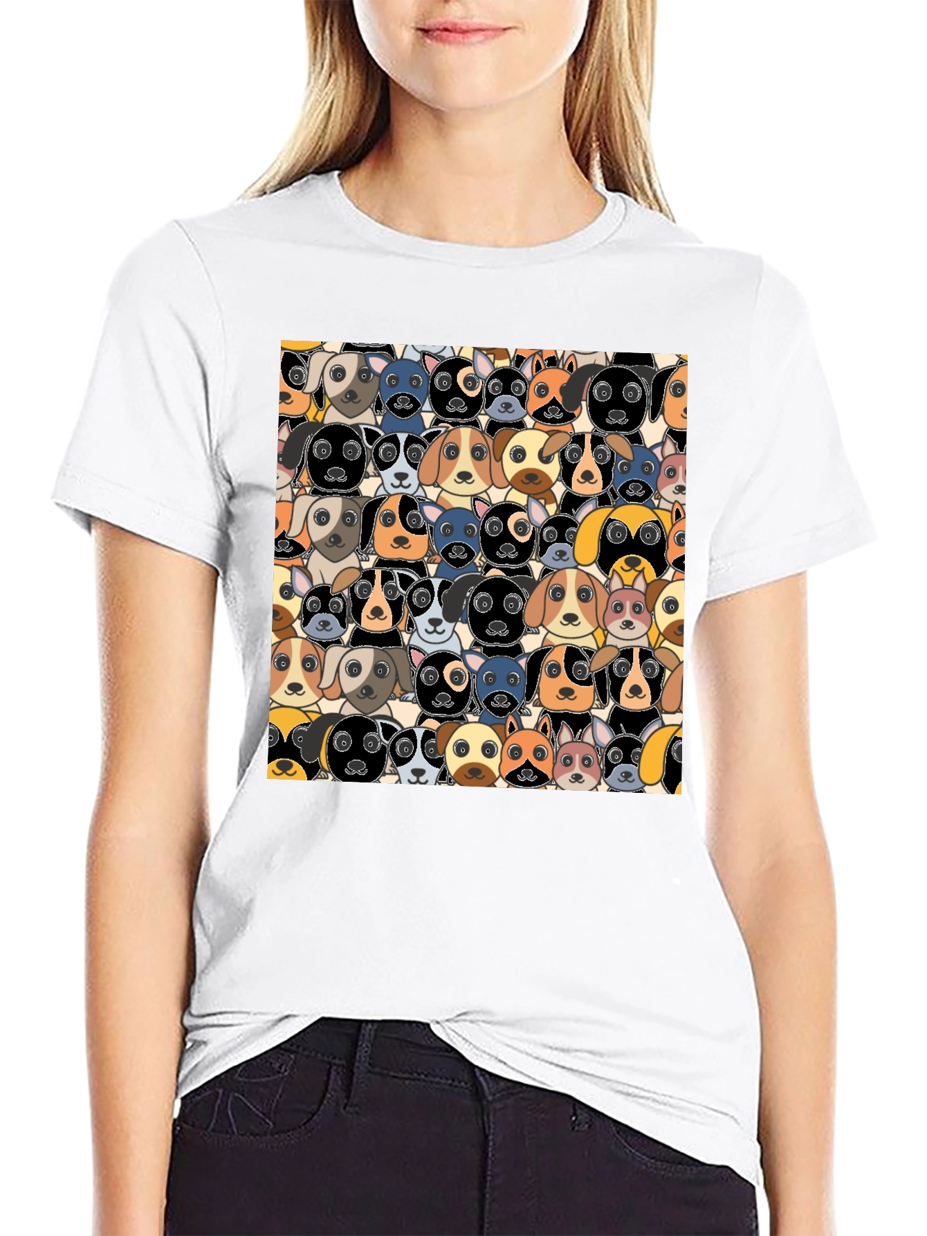 Black Cartoon Dog Faces Pattern T-Shirt view 9