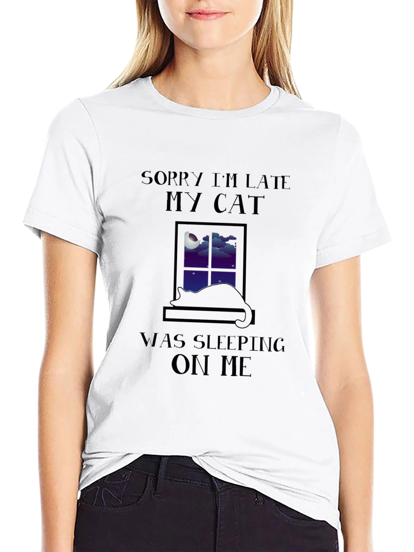 Black Funny Cat Lover T-Shirt - "Sorry I'm Late My Cat" view 9