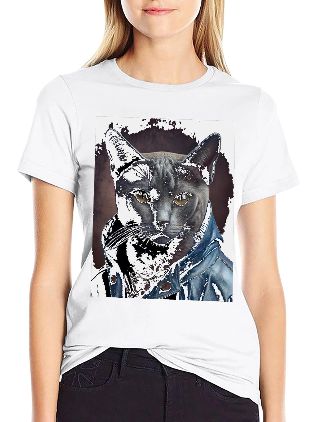 Black Cat in Denim Jacket Graphic Tee - Unique Print view 9