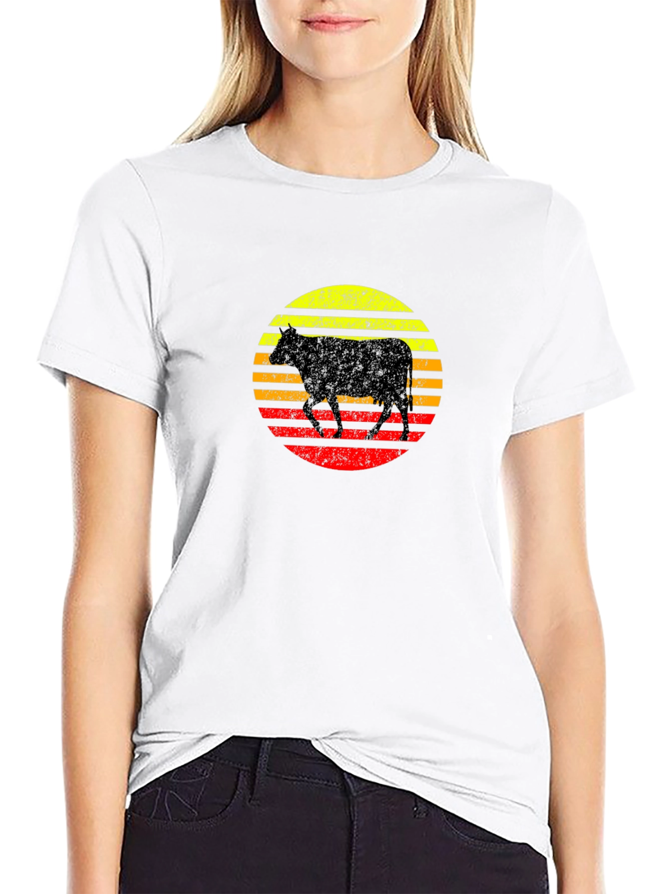 Black Retro Cow Sunset Graphic T-Shirt view 9