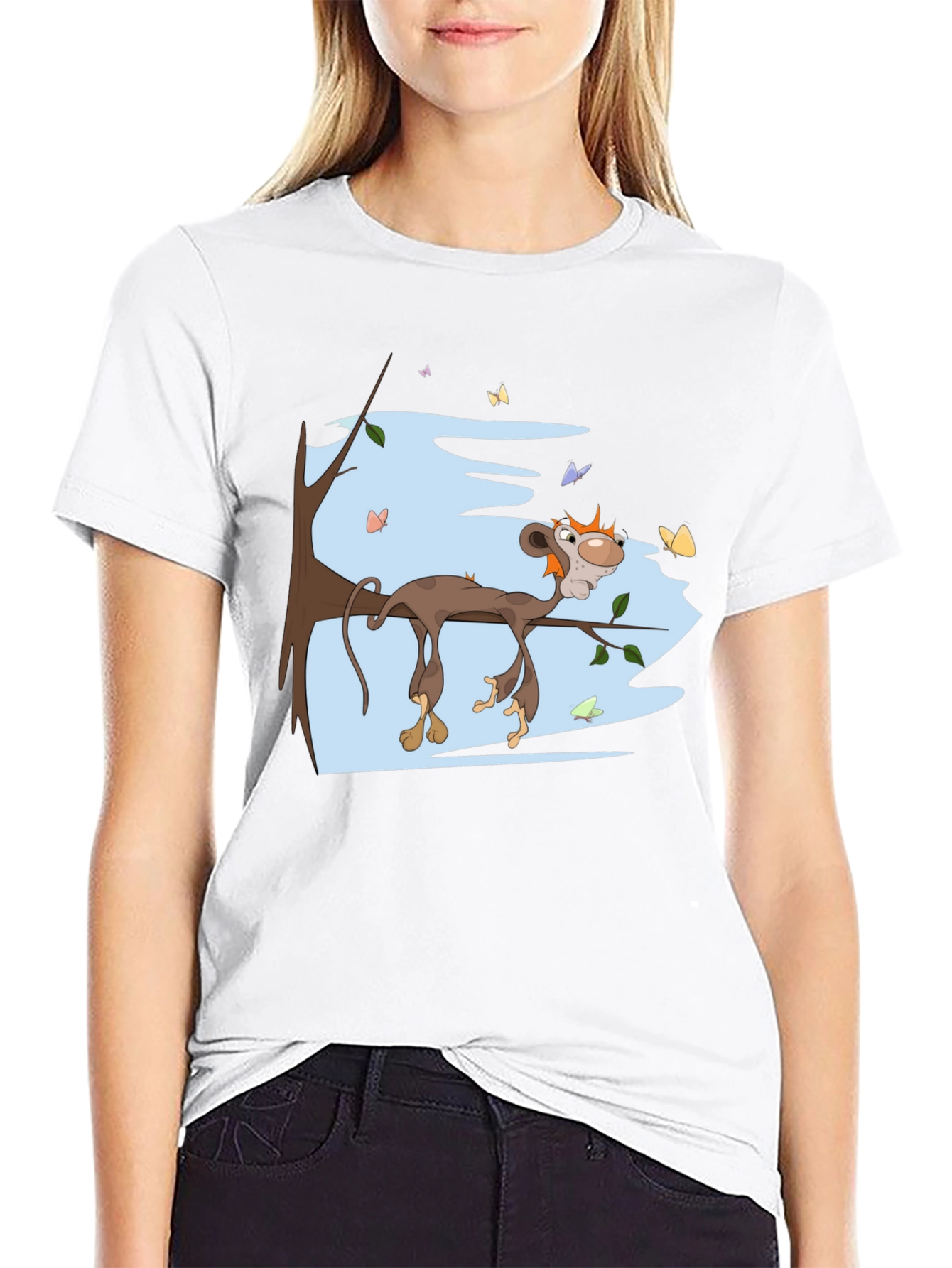 Black Cartoon Monkey Relaxing on Branch Black Tee view 9
