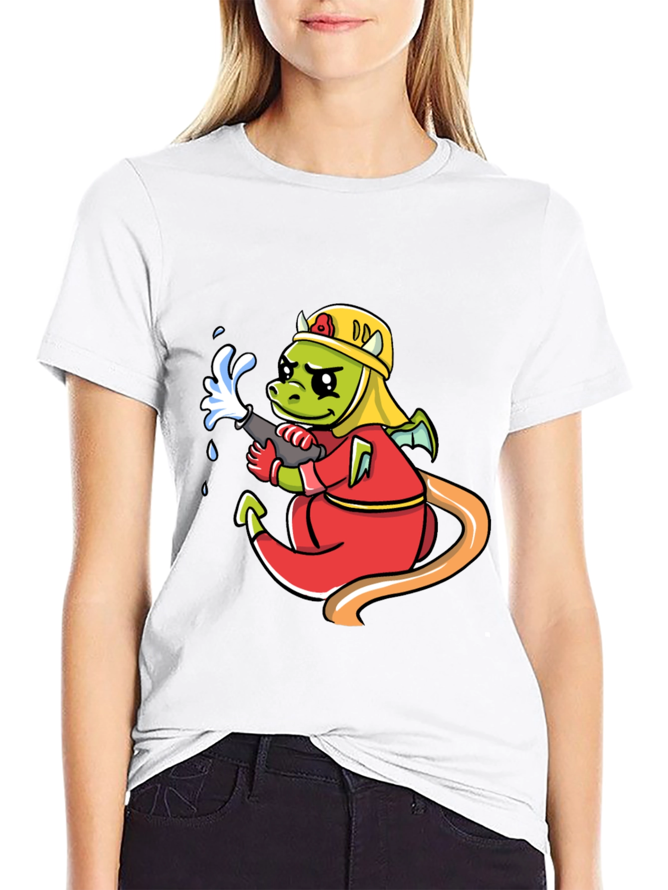 Black Cartoon Dragon Firefighter Graphic T-Shirt view 9