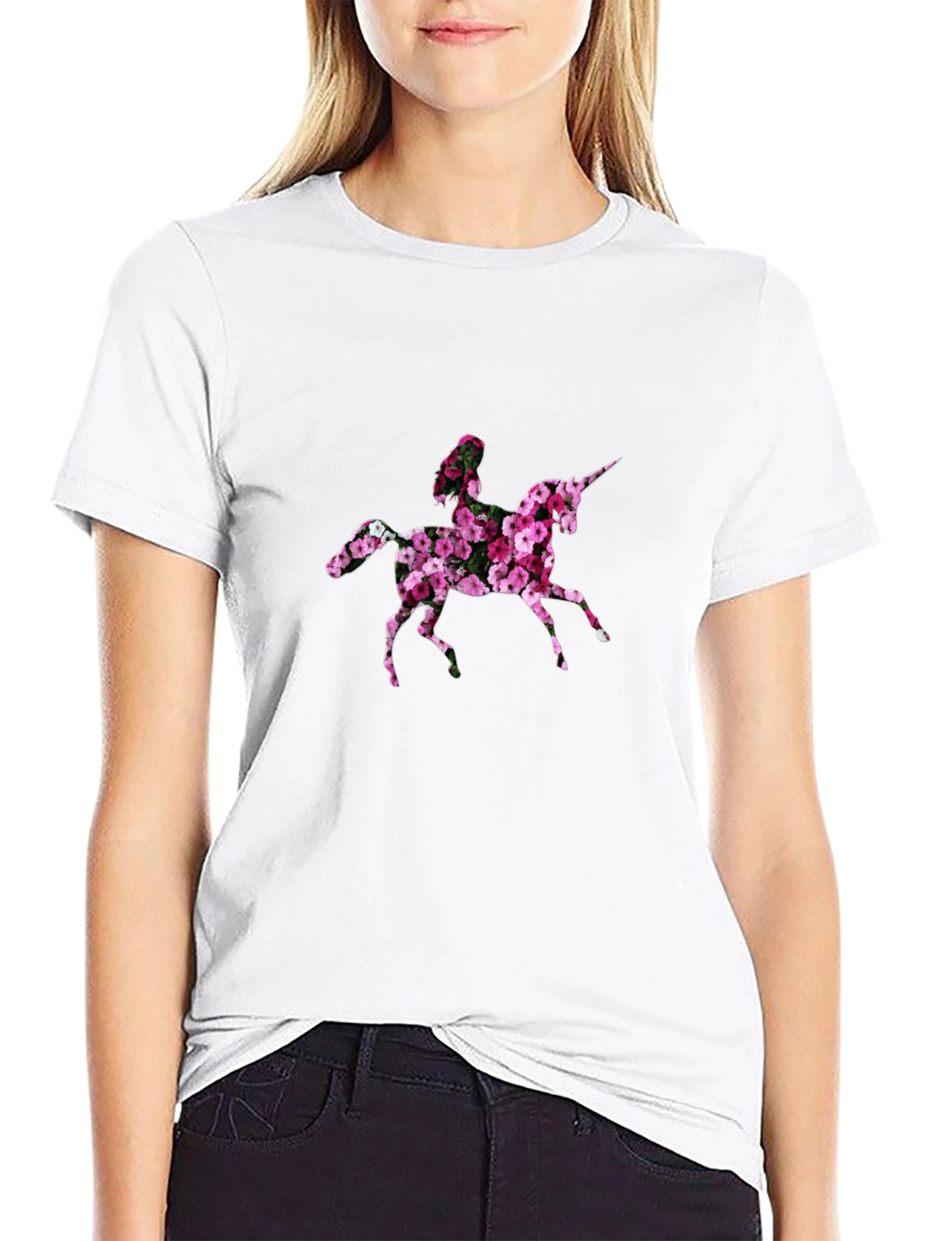 Black Floral Unicorn Graphic T-Shirt - Black Cotton Tee view 9
