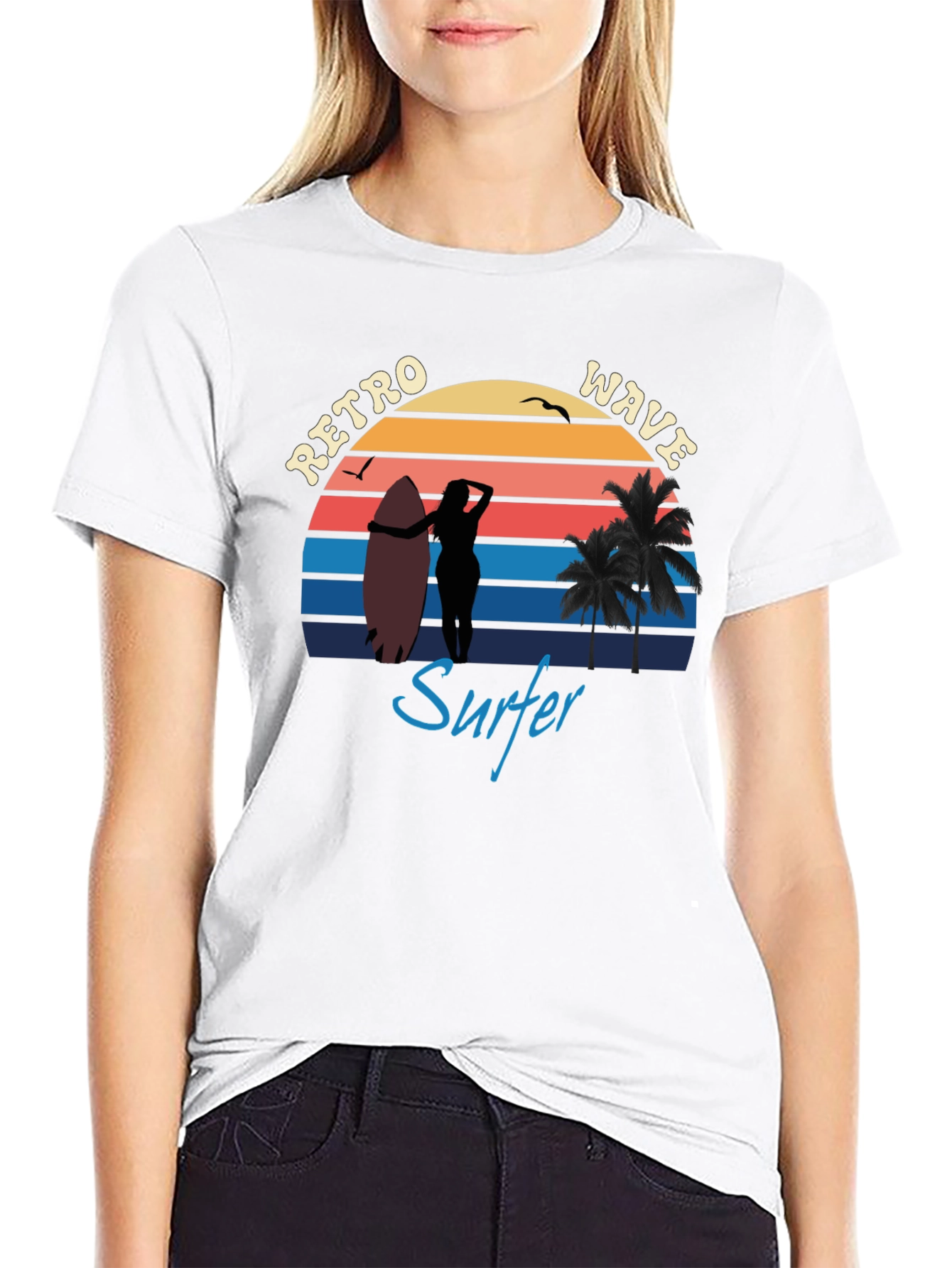 Black Retro Wave Surfer T-Shirt | Vintage Surf Design view 9
