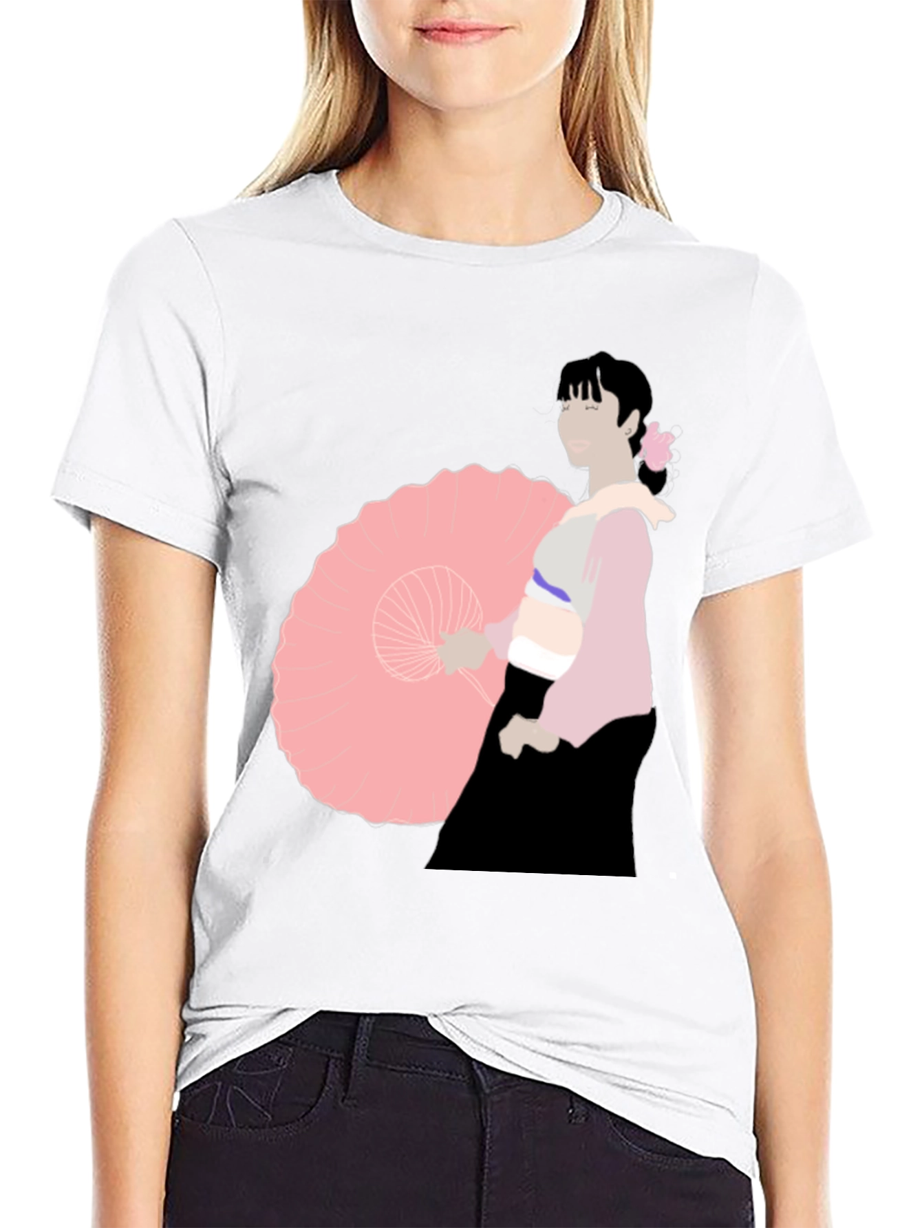 Black Black T-Shirt with Japanese Woman Illustration view 9