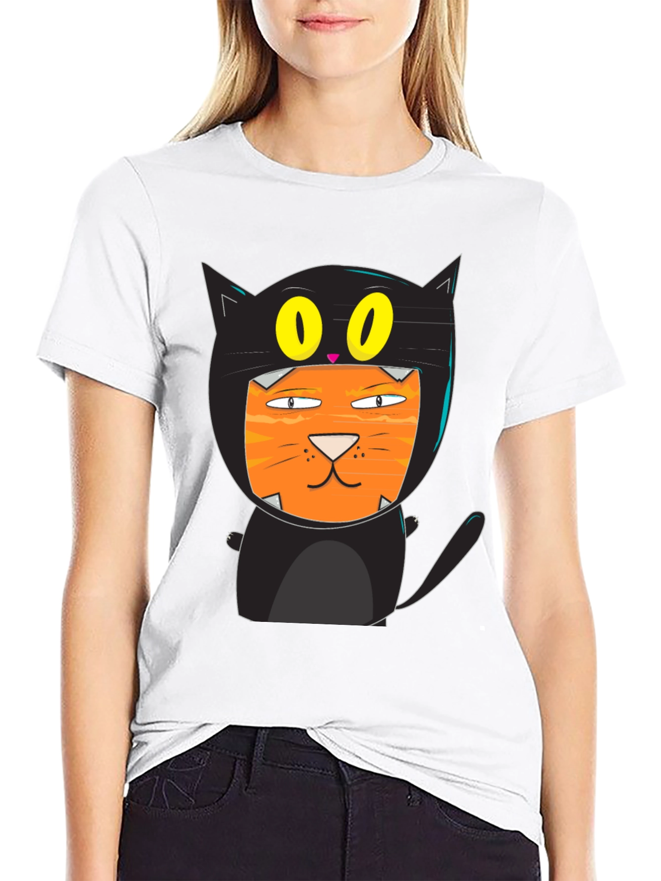 Black Funny Cat Costume T-Shirt Black Cotton view 9