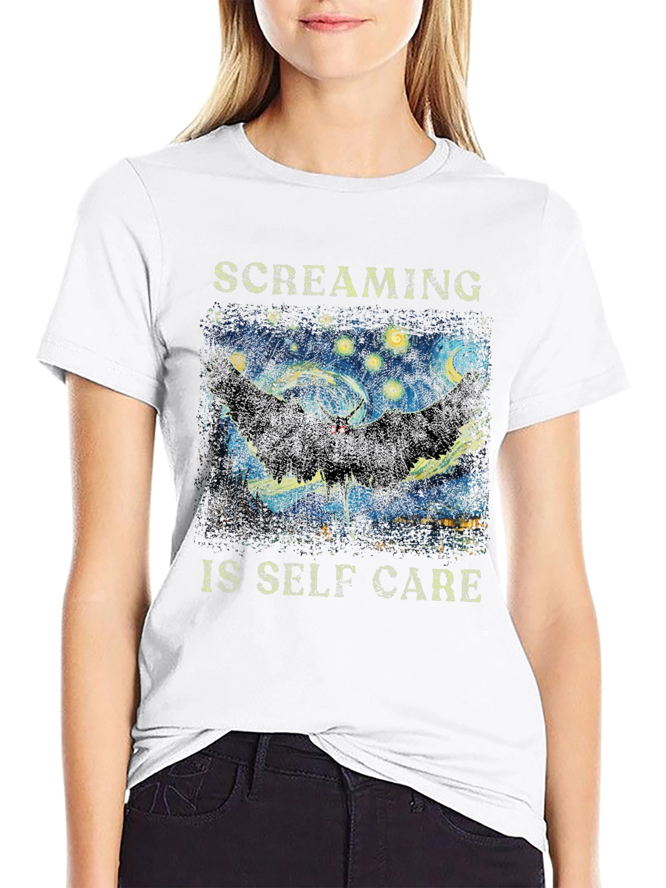 Black Screaming Is Self Care T-Shirt Starry Night Mothman Tee view 9