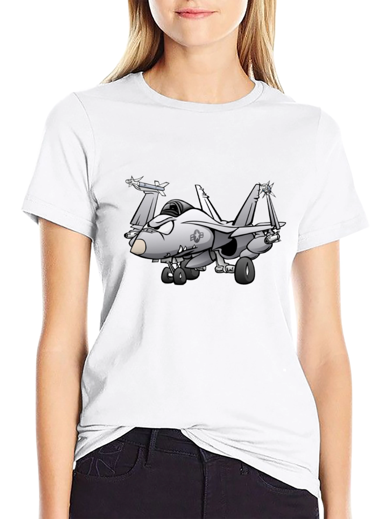 Black Cartoon Fighter Jet Graphic Black T-Shirt view 9
