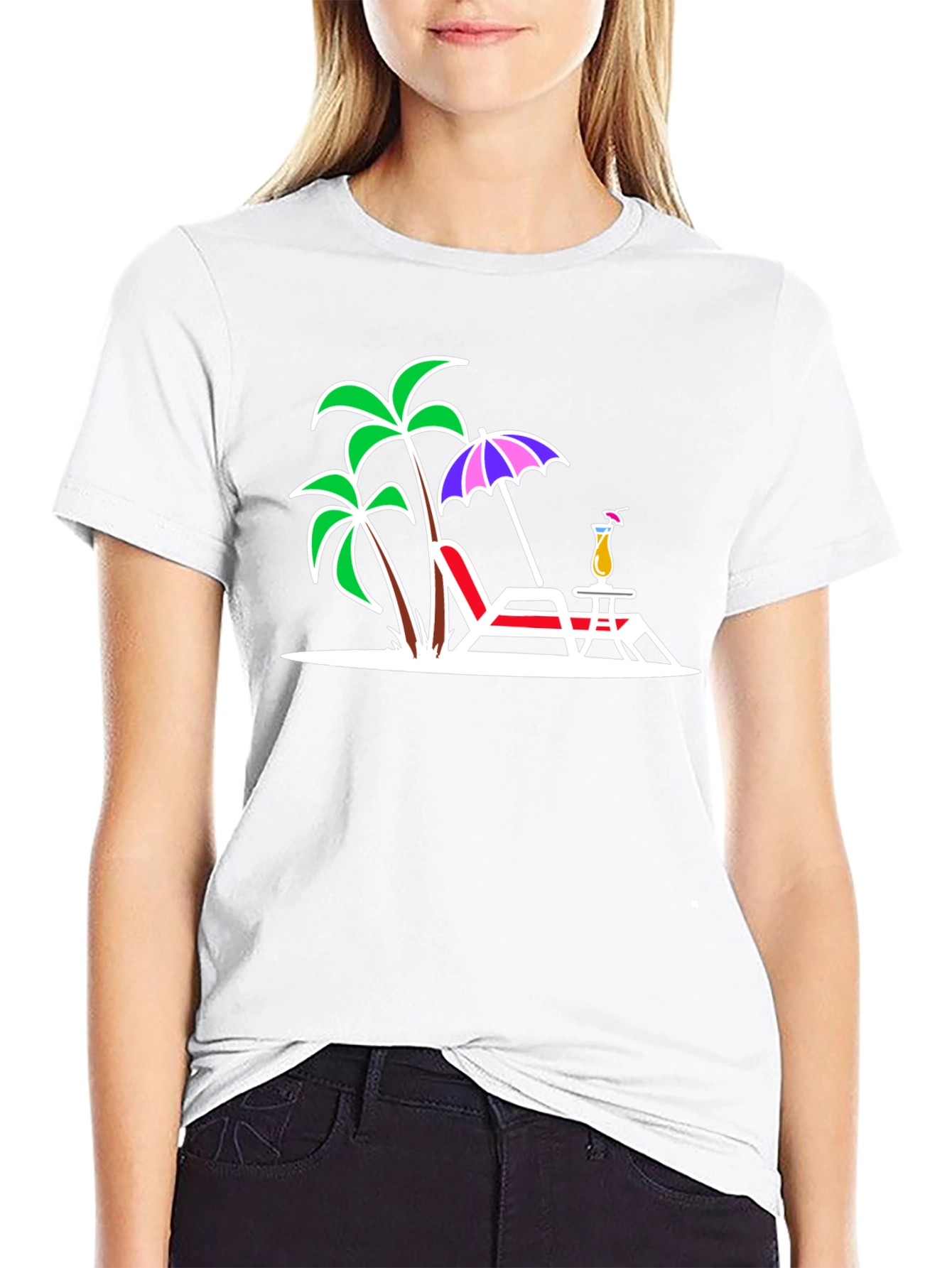Black Tropical Beach T-Shirt: Palm Trees, Chair, & Cocktail Design view 9