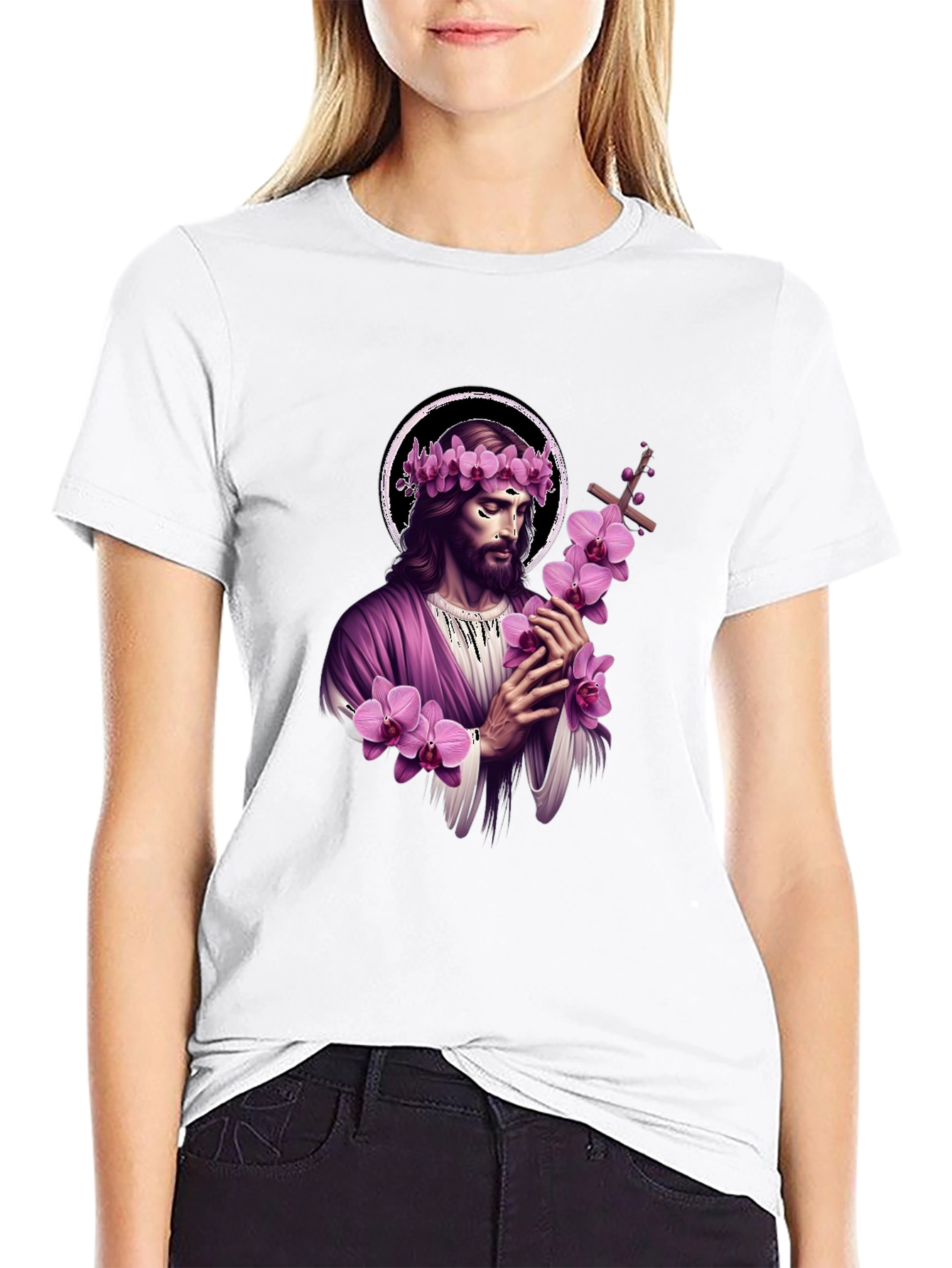 Black Jesus with Flowers Graphic T-Shirt - Soft Black Cotton Blend view 9