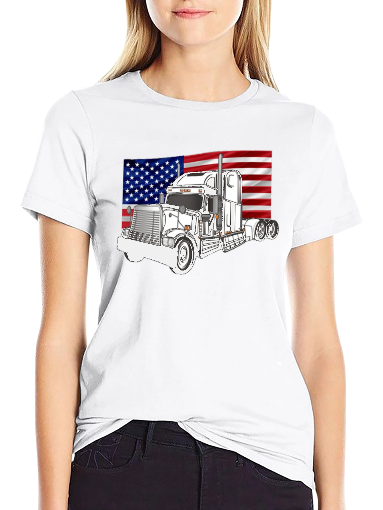 Black Trucker Pride Tee: American Flag Semi Truck Graphic T-Shirt view 9