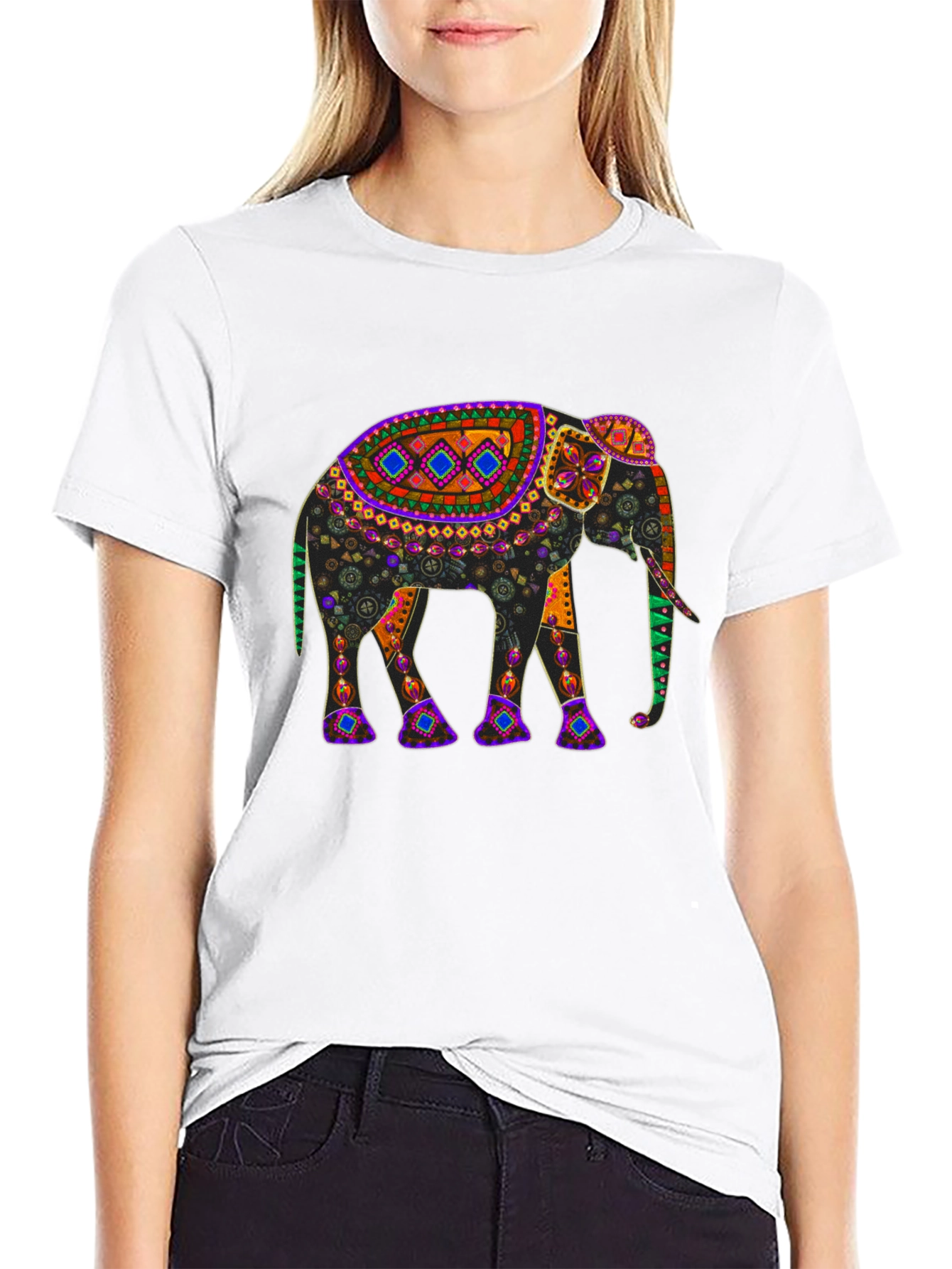 Black Elephant Print T-Shirt: Unique Colorful Design view 9