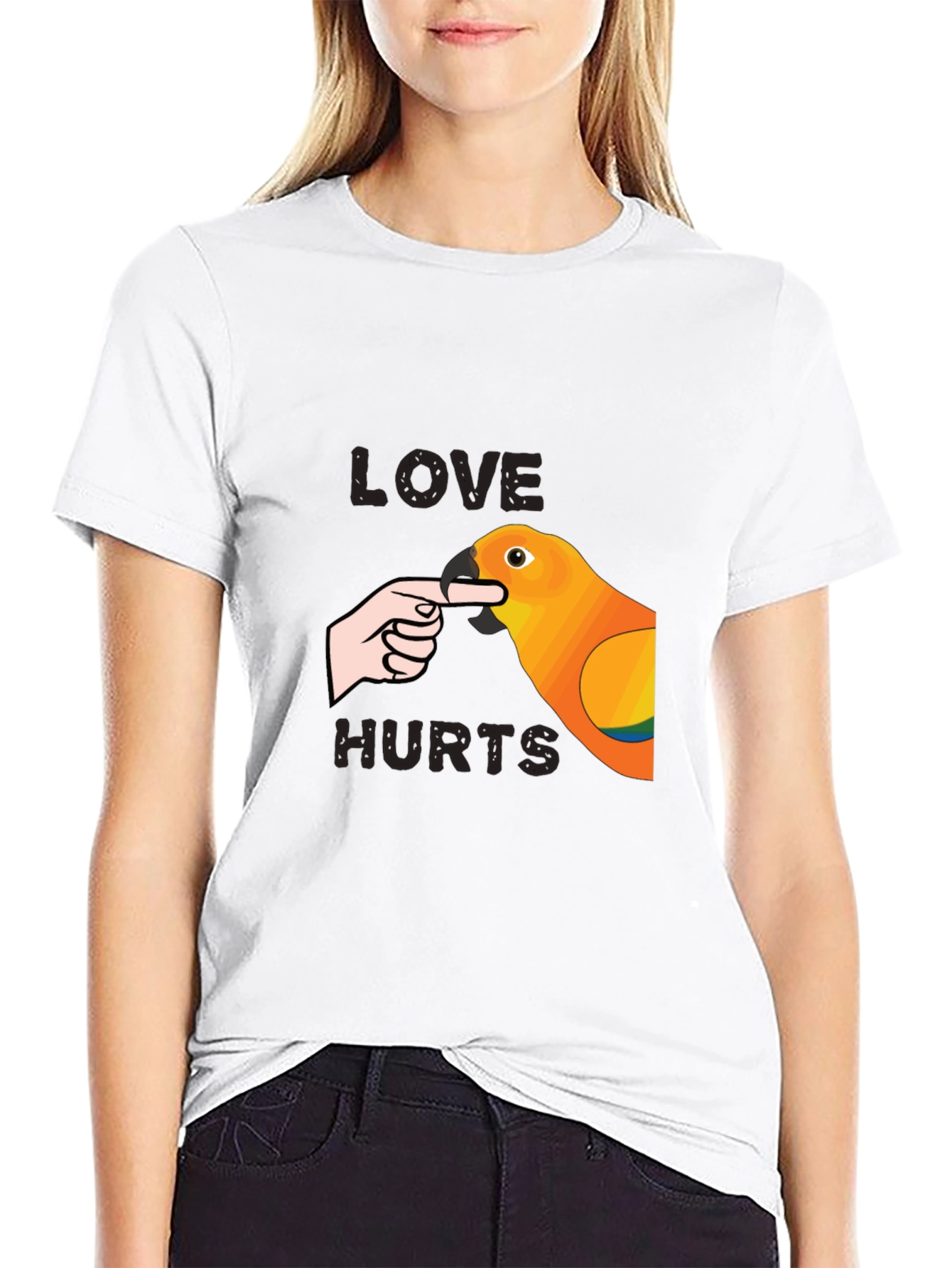 Black Love Hurts Parrot T-Shirt - Funny Bird Bite Tee view 9
