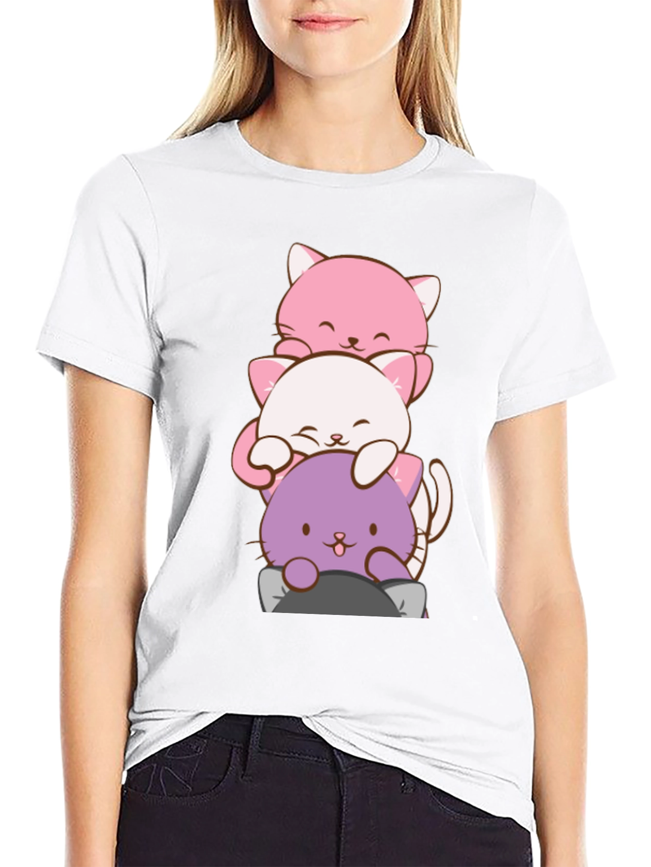 Cute Cat Stack T-Shirt - Kawaii Anime Style - 9