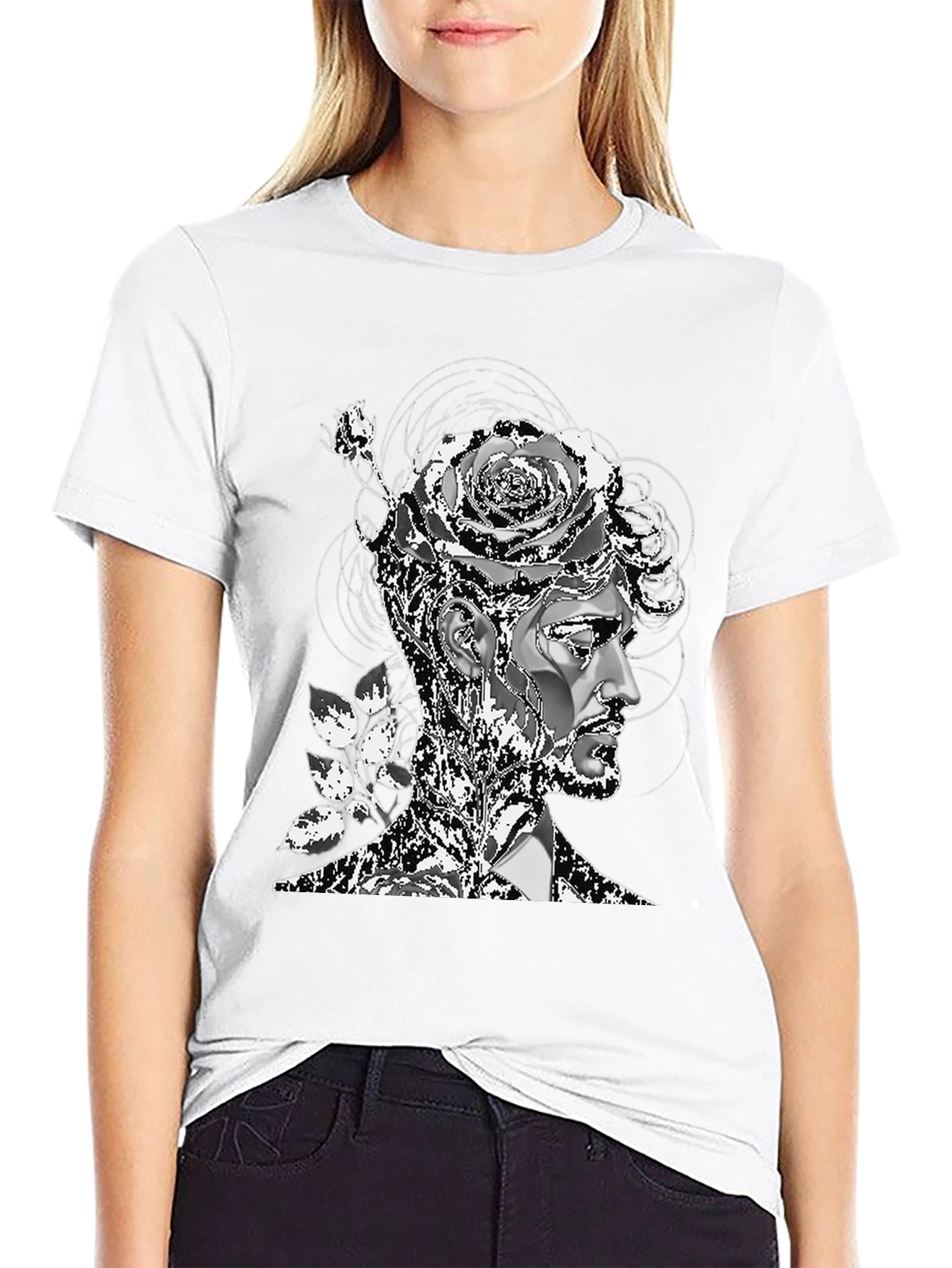 Black Artistic Floral Head T-Shirt - Mens Black Tee view 9