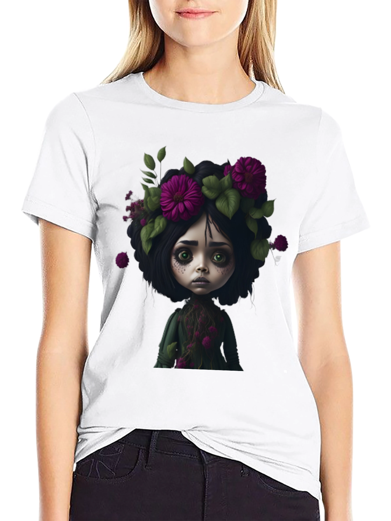 Black Floral Doll Graphic Black T-Shirt view 9
