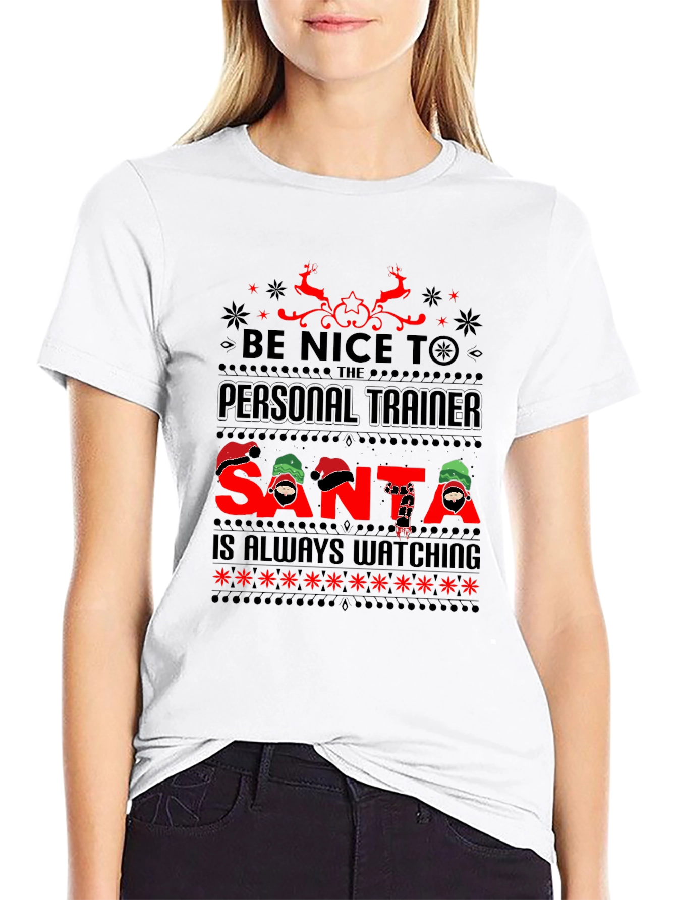 Black Personal Trainer Santa Watching Ugly Christmas T-Shirt view 9