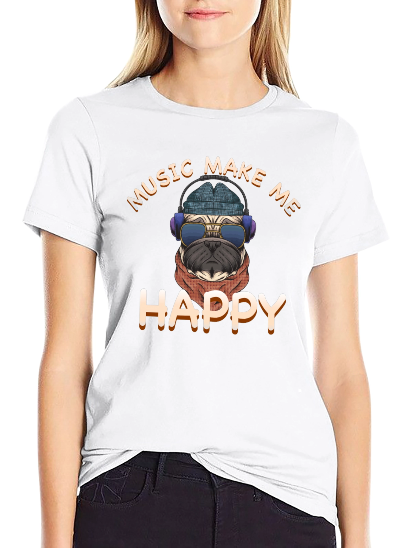 Black Music Make Me Happy Pug Graphic T-Shirt view 9
