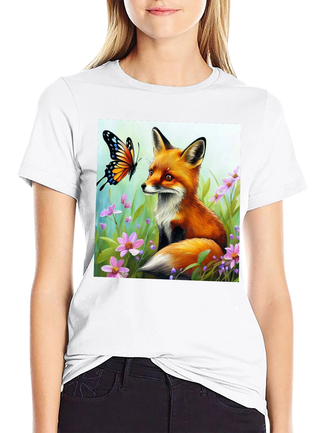 Black Fox & Butterfly Graphic Tee - Nature Lover's Shirt view 9