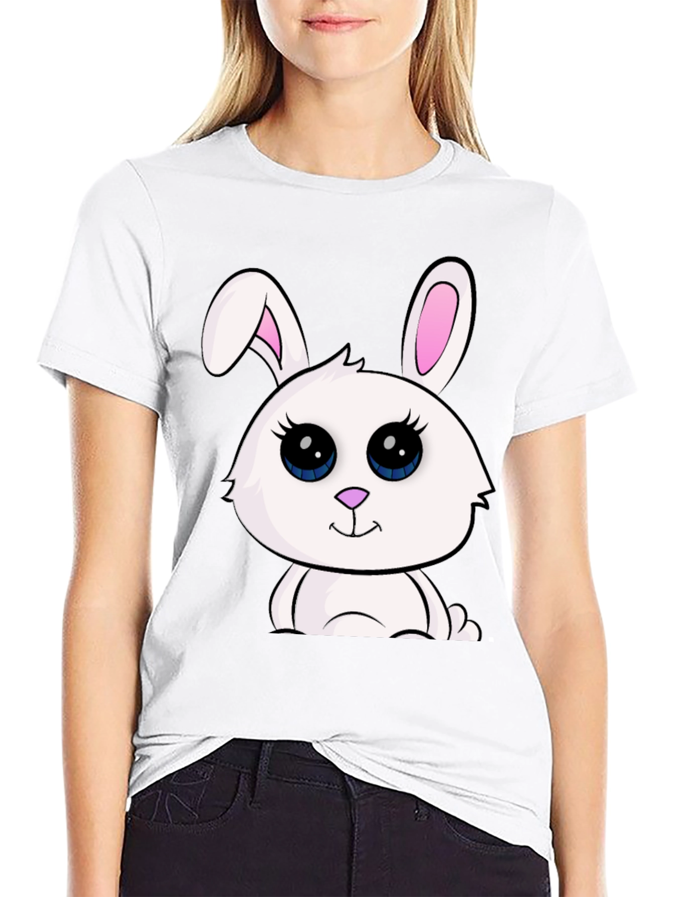 Black Cute Bunny Graphic Tee - Black Cotton Blend view 9