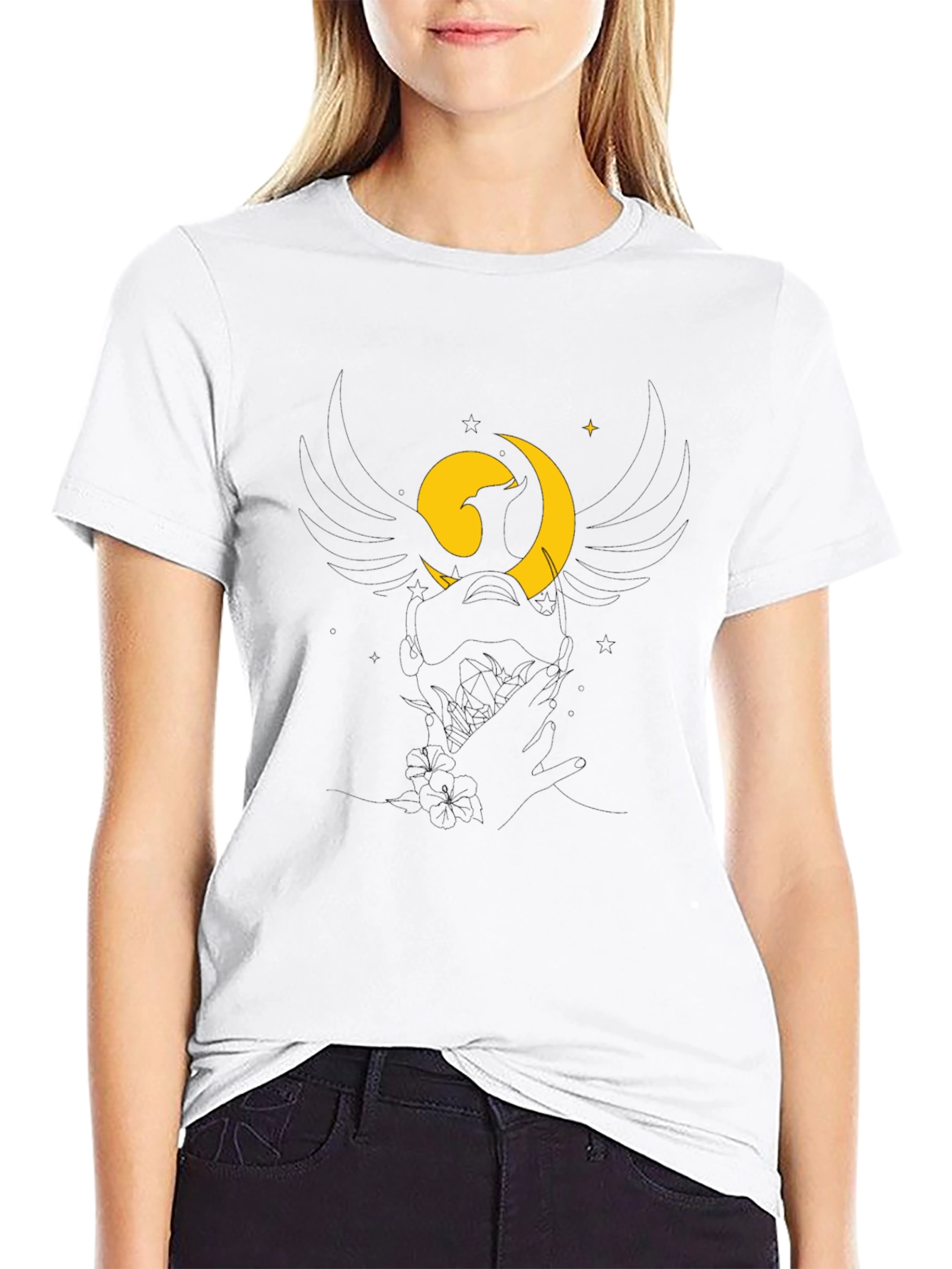 Black Black T-Shirt with Stylized Moon and Bird Graphic view 9