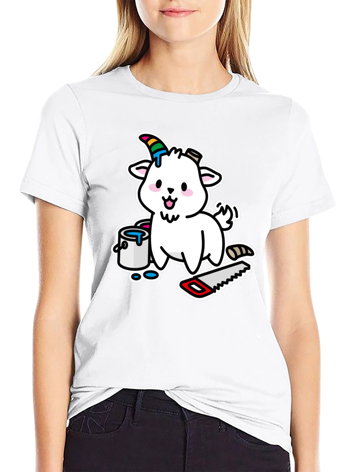 Black Goat DIY T-Shirt: Cartoon Goat with Paint and Saw view 9
