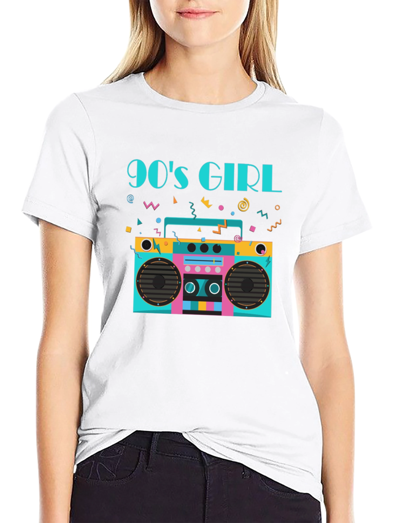 Black 90s Girl Graphic Tee - Retro Boombox Design Black T-Shirt view 9