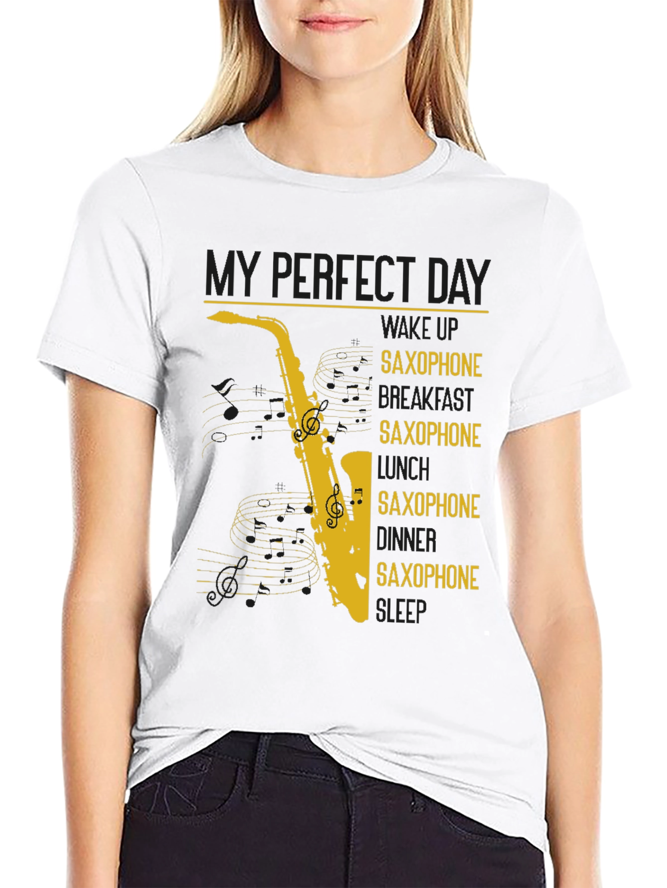 Black Saxophone Lover Graphic T-Shirt - Perfect Day Design view 9