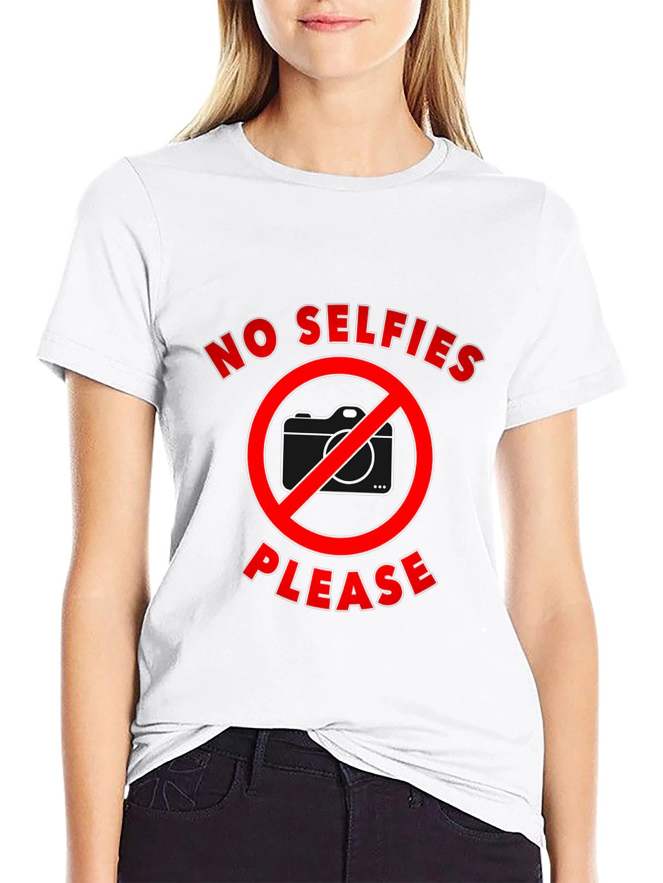 Black No Selfies Please T-Shirt - Funny Graphic Tee view 9