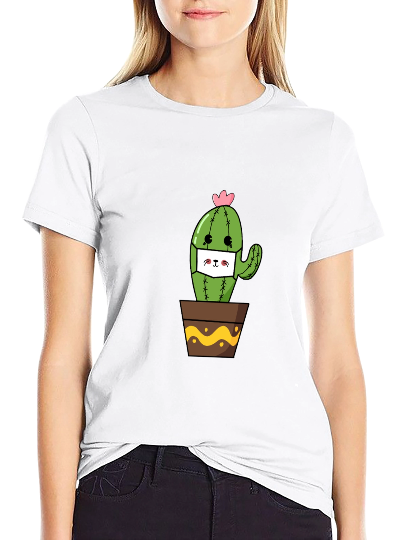 Black Cute Cactus Face Mask T-Shirt view 9