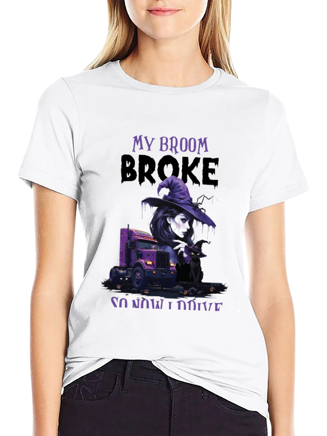 Black My Broom Broke Trucker T-Shirt view 9