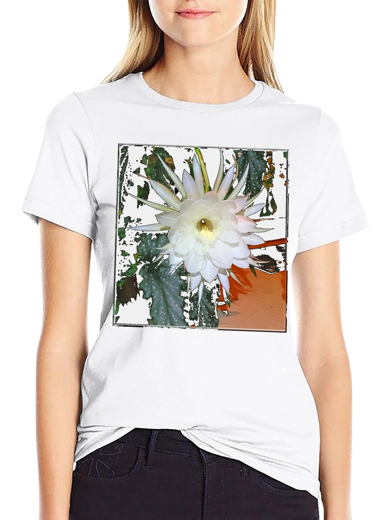 Black Floral Print Tee - Night Blooming Cereus Design view 9